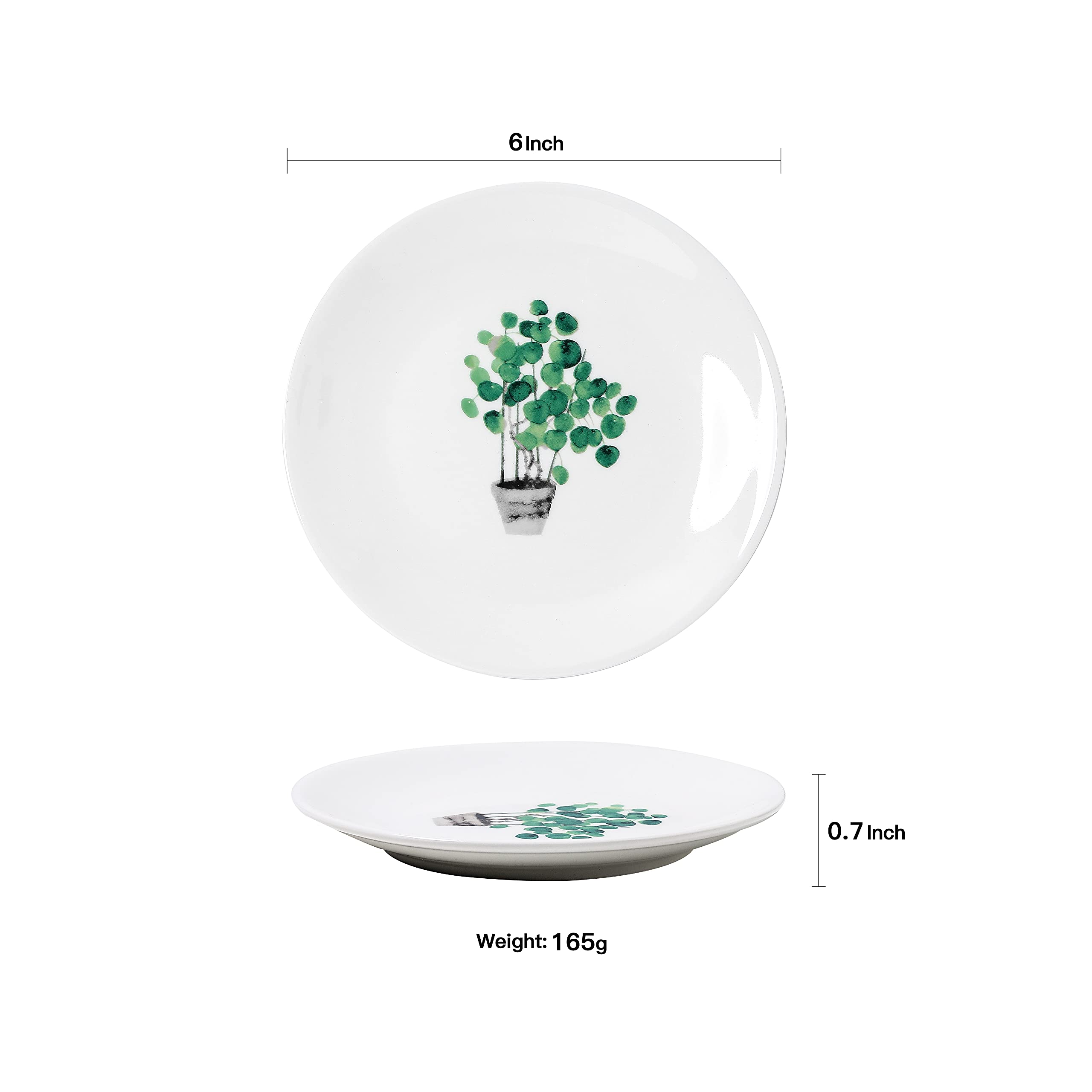 6-Piece Small Porcelain Appetizer Plates Set - 6 Inch White Ceramic Dessert Plates with Botanical Patterns, Microwave & Dishwasher Safe - Perfect for Luncheons, Snacks, Bread Serving & Party Dining