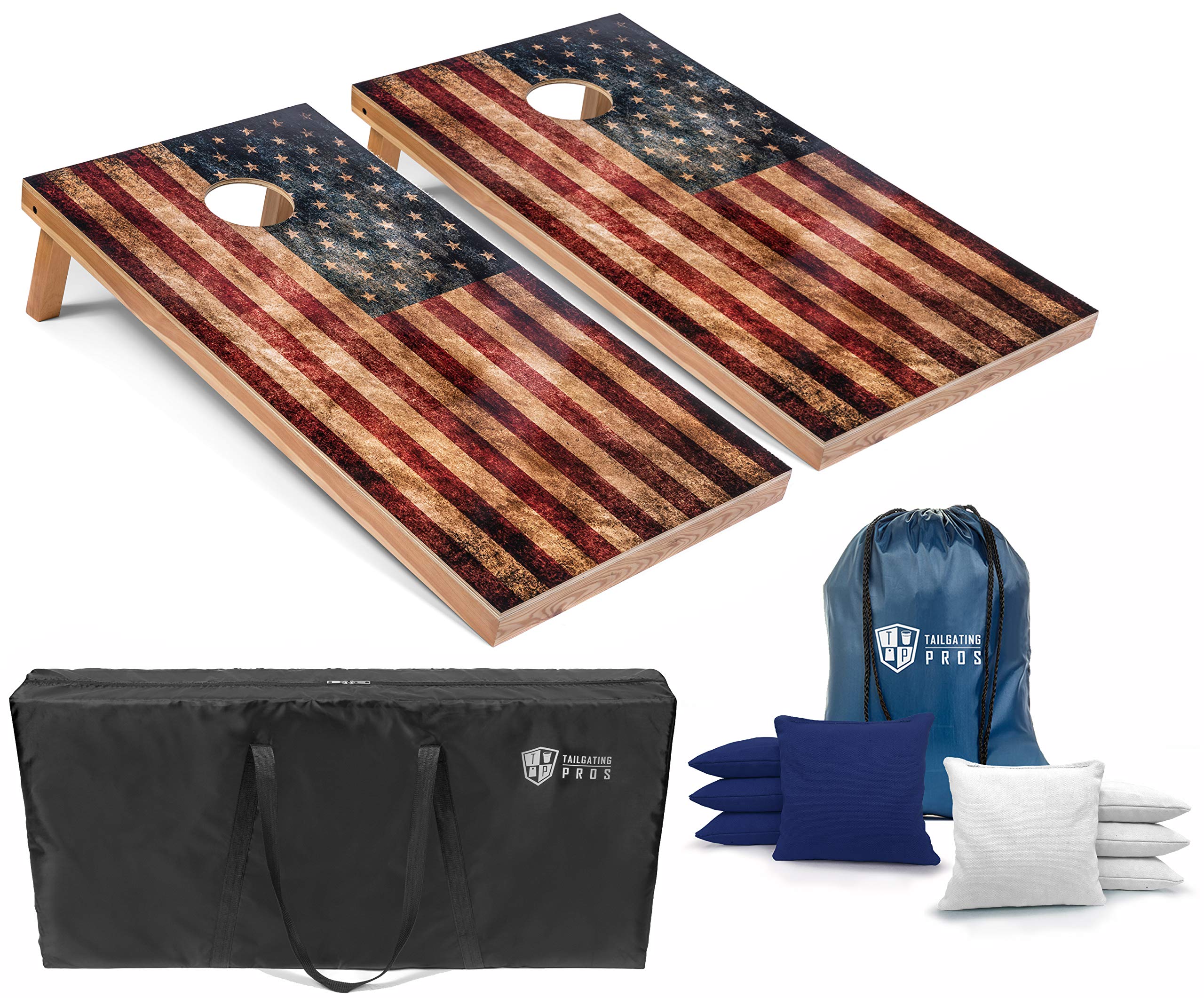 Premium Rustic American Flag Cornhole Boards Set with LED Ring & Carrying Case - 4'x2' Distressed Wooden Cornhole Game with 8 Bean Bags - Perfect for Tailgating, Backyard Parties, and Outdoor Family Gatherings