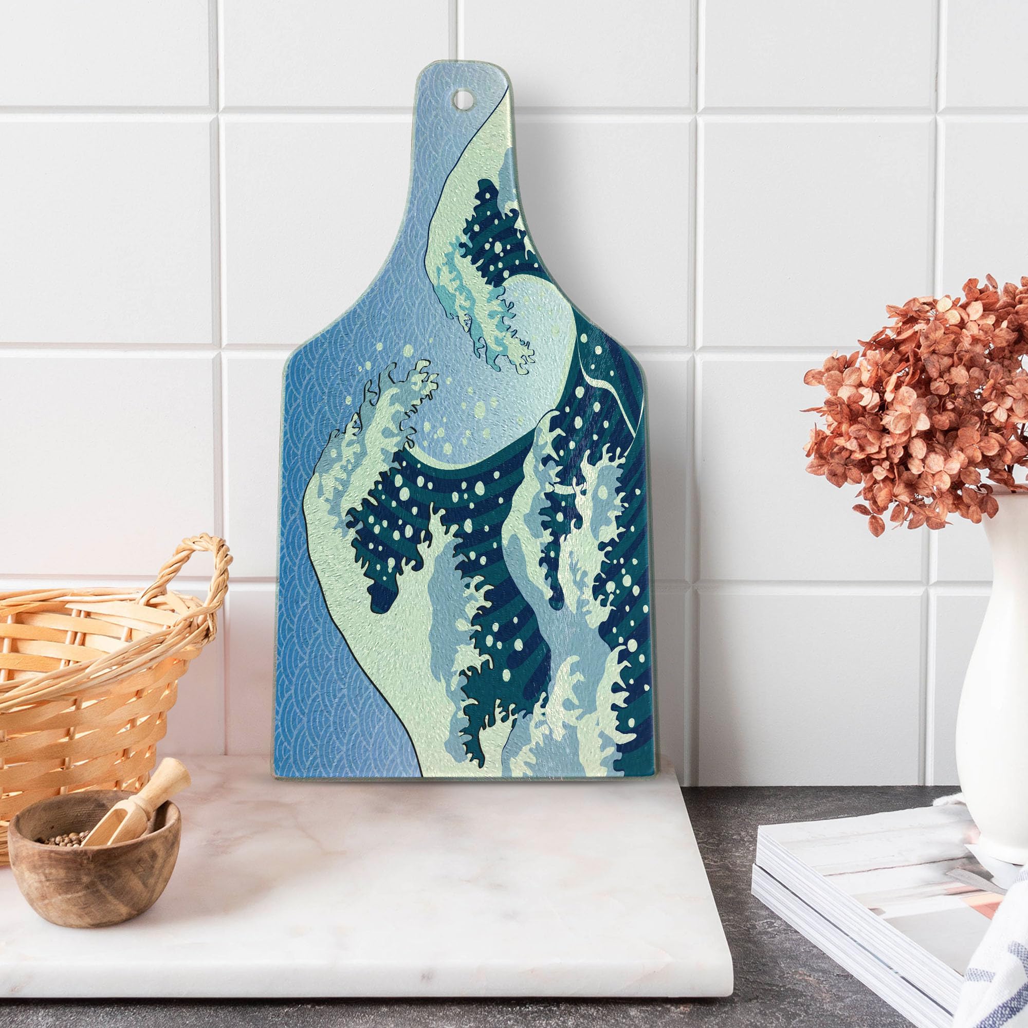 Ambesonne Japanese Wave Tempered Glass Cutting Board - Far Eastern Oceanic Storm Art, Teal Blue White Wine Bottle Design - Perfect for Sushi Serving, Charcuterie Display & Kitchen Decor