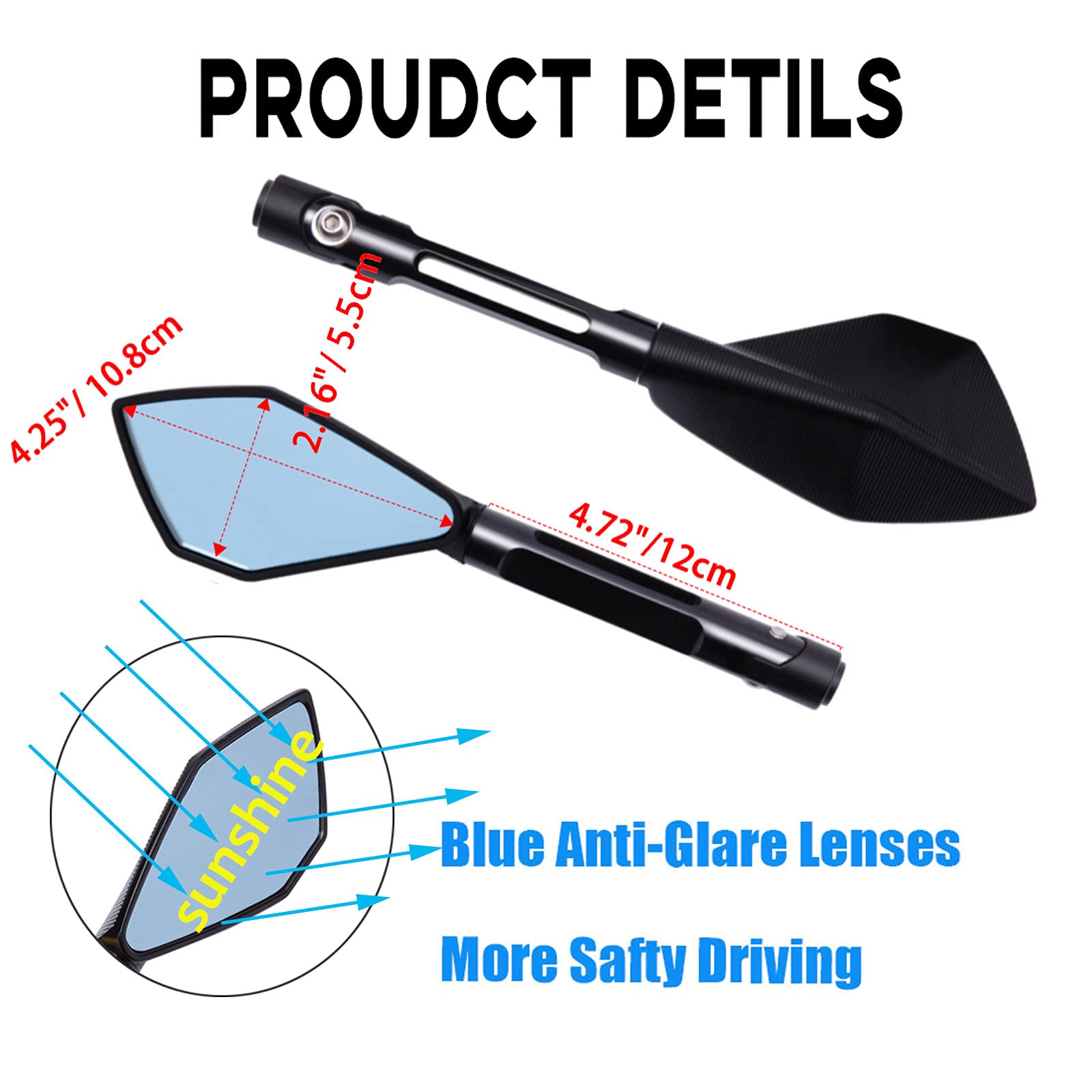 Universal Aluminum Motorcycle Handlebar End Mirror - 8mm & 10mm Adjustable Side Rearview Mirrors for Street Bike, Sport Bike, Dirt Bike, Cruiser, Chopper & Scooter (Black) - Enhanced Safety & Visibility for Urban Commuting & Off-Road Adventures