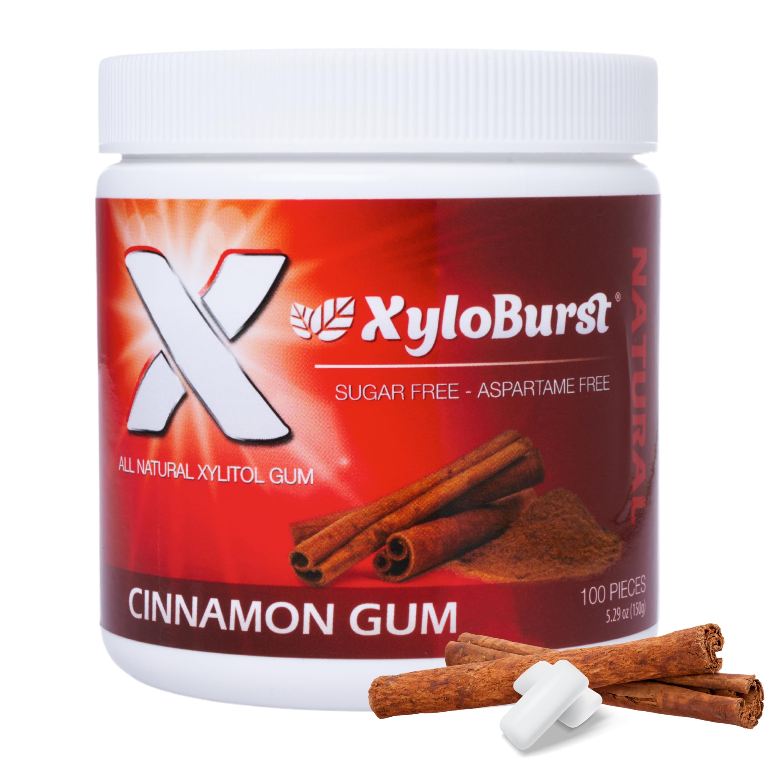 XyloBurst Xylitol Chewing Gum - Sugar Free, Gluten Free, Keto Friendly, Aspartame Free - Supports Oral Health - Cinnamon Flavor - 100 Count Jar - Perfect for Fresh Breath at Work, Gym, or After Meals
