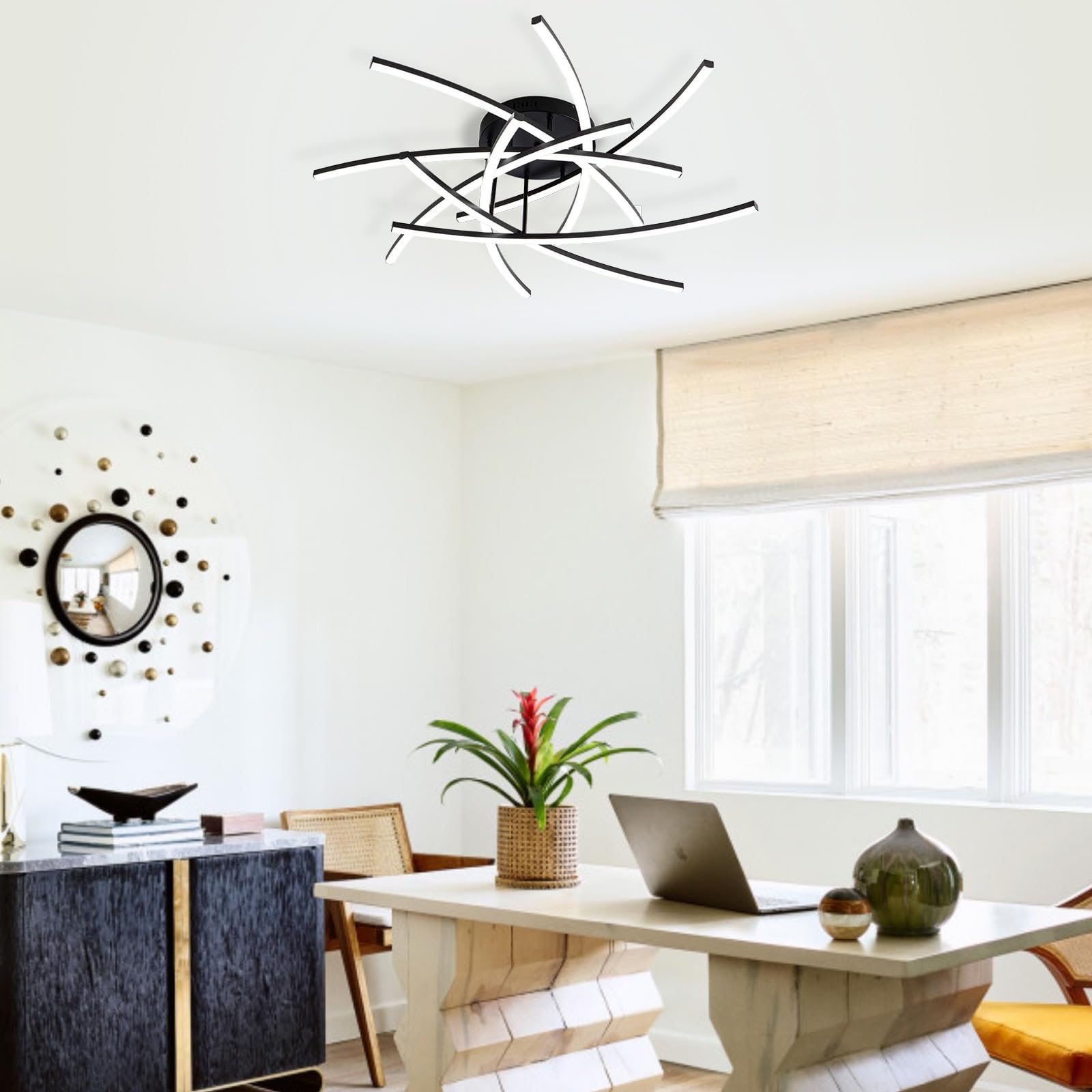 Modern Sputnik LED Ceiling Light Fixture 37 Inch - Dimmable Flush Mount with Remote Control - Energy Saving Chandelier for Living Room, Dining Room, Kitchen, Bedroom - Perfect for Home Decor & Ambient Lighting