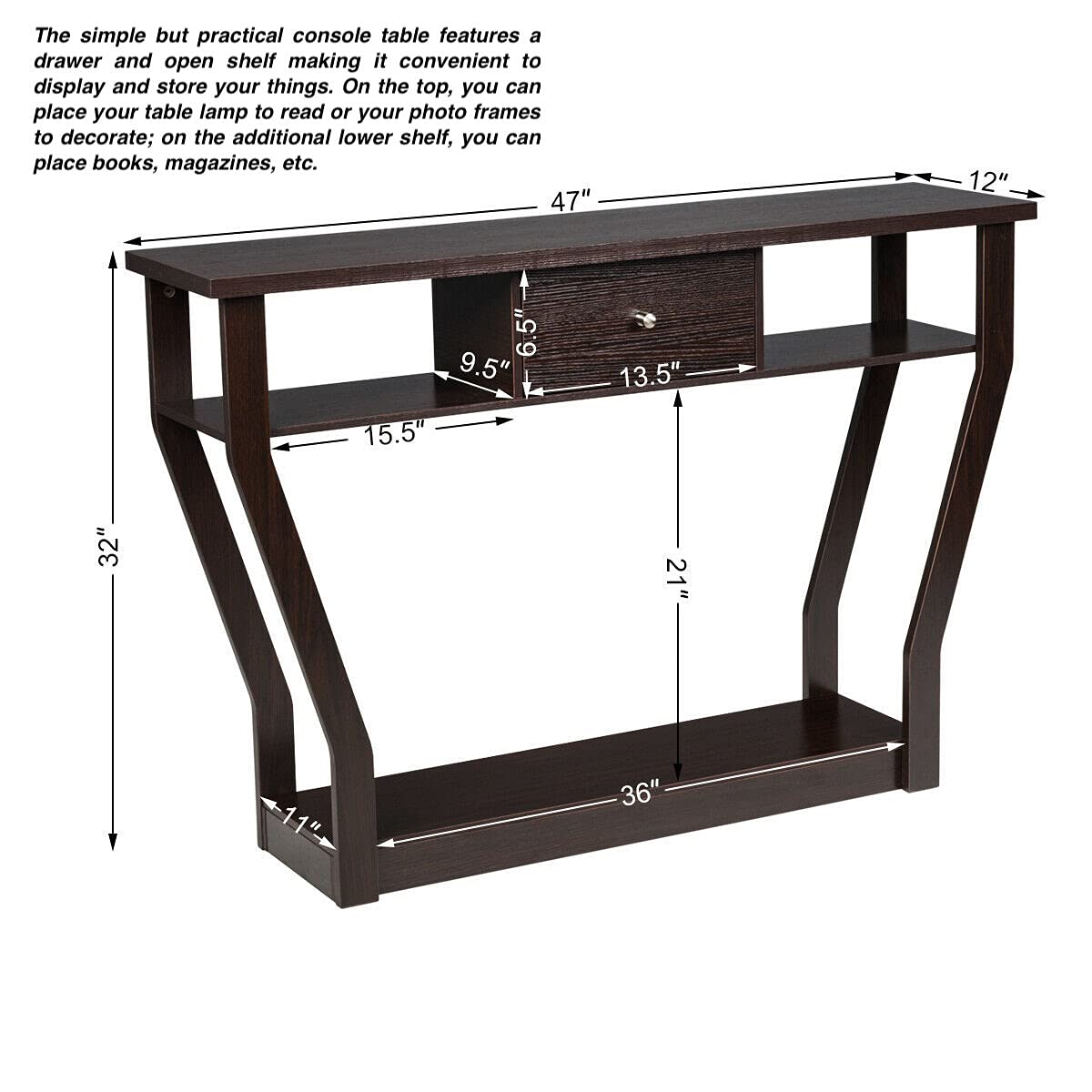Dark Brown Modern Console Table with Curved Legs & Slide-Out Drawer - Entryway Hallway Accent Table with Bottom Display Shelf for Living Room, Bedroom, Home Office Décor | Perfect for Small Spaces & Apartment Entryways