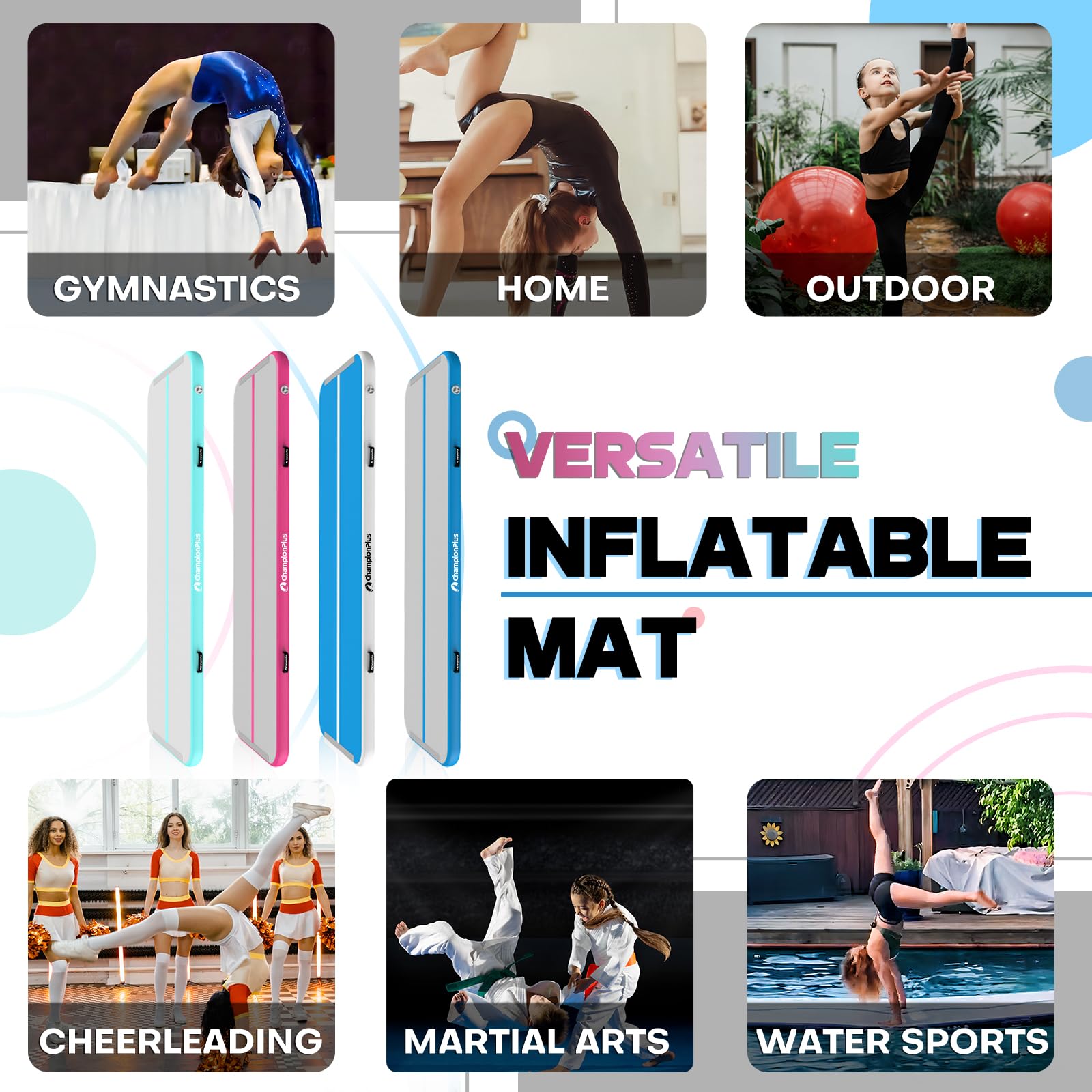 Inflatable Gymnastics Air Mat - 4/8 Inch Thick Tumbling Track for Home Training, Cheerleading & Water Yoga (10ft/13ft/16ft/20ft) with Electric Pump - Perfect for Indoor Workouts, Backyard Exercises & Kids Play