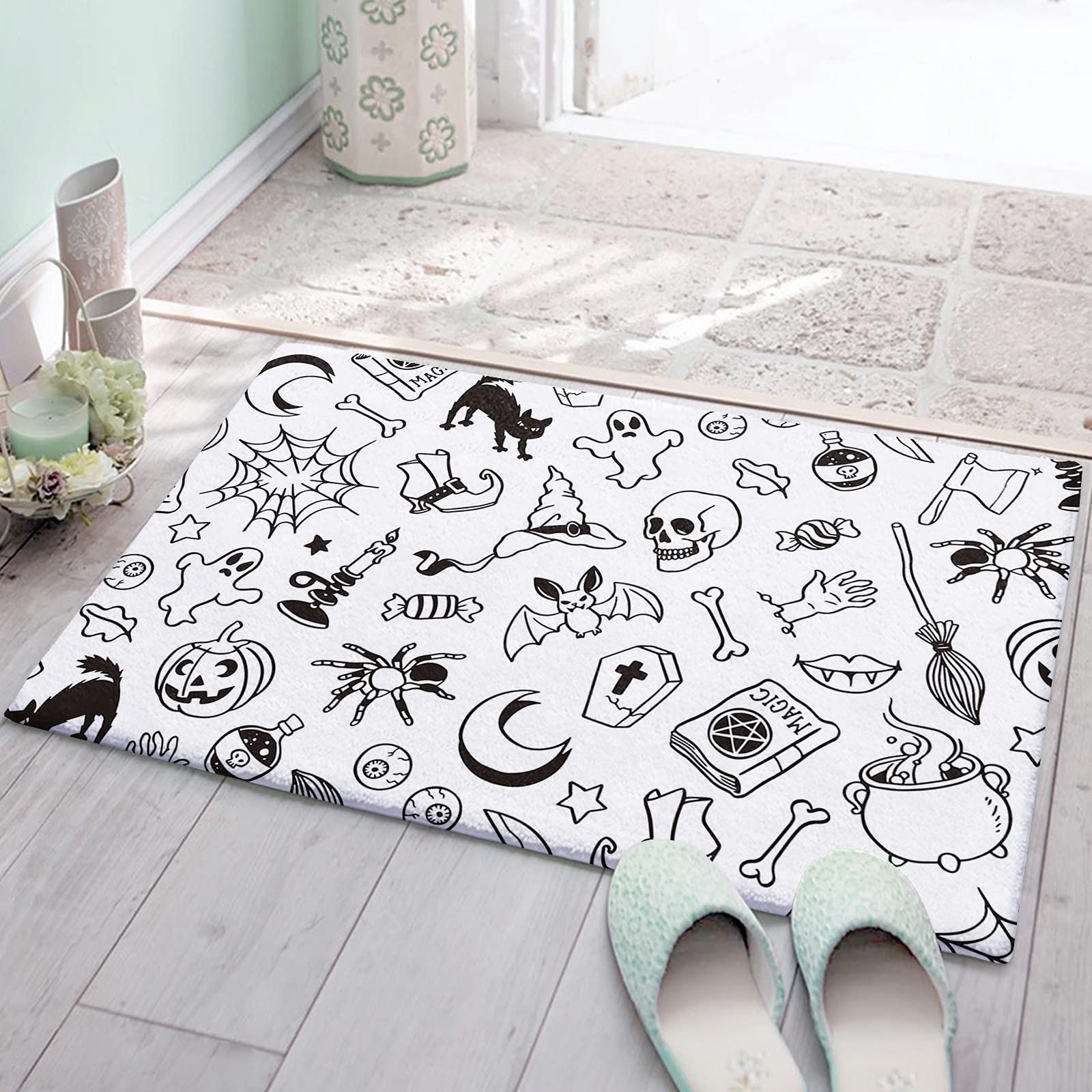 Halloween Shag Bath Rugs - Soft Plush Fluffy Black Ghost & Candy Stripes Non-Slip Doormat - Cartoon Theme Floor Carpet for Living Room, Bedroom, Kitchen & Entryway - Perfect for Halloween Decor & Cozy Home Accents