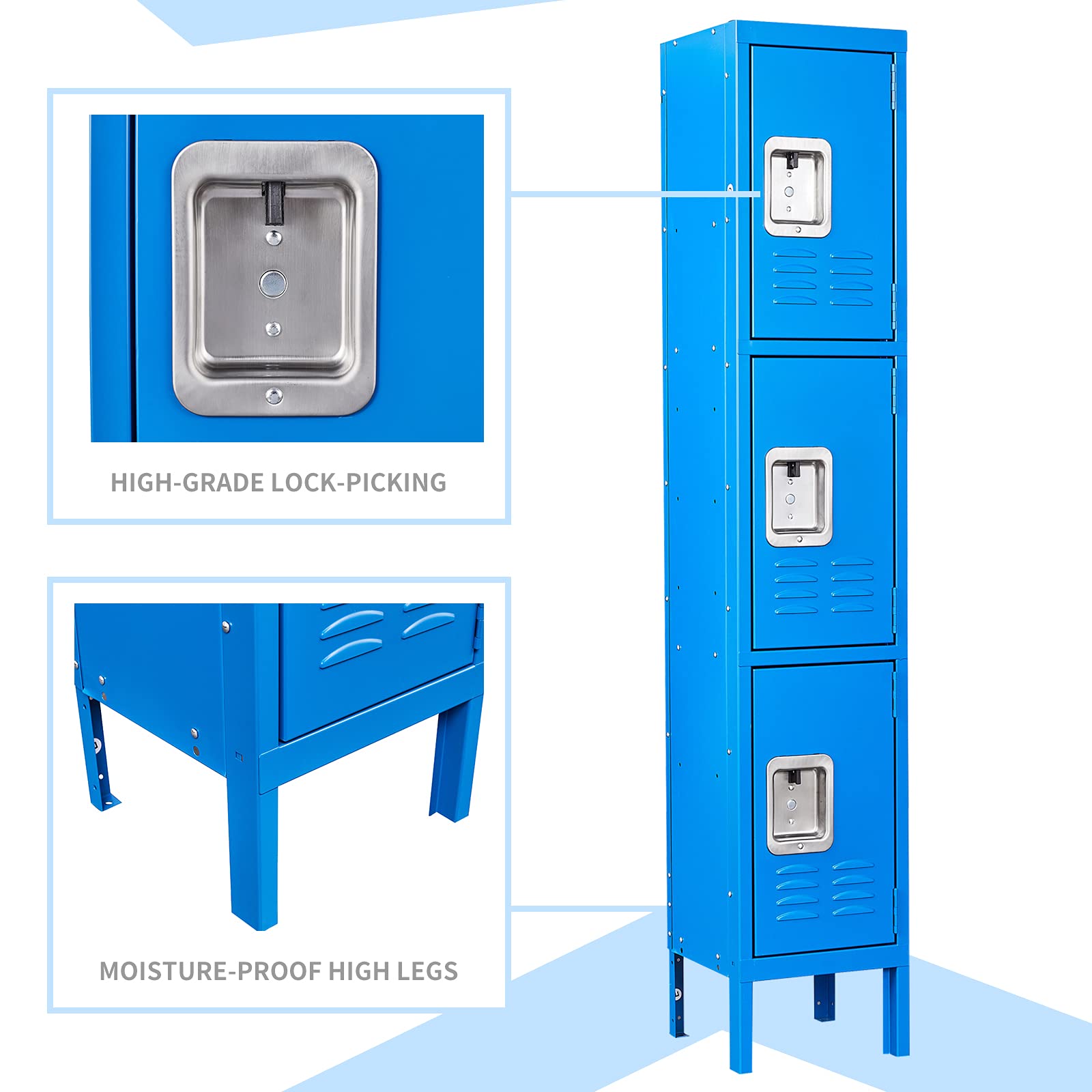 MIIIKO 3-Door Metal School Locker Cabinet with 3-Tier Shelves - Heavy Duty Gym & Office Storage Organizer for Kids, Home & Workplace - Perfect for School, Gym, Dormitory & Office Organization