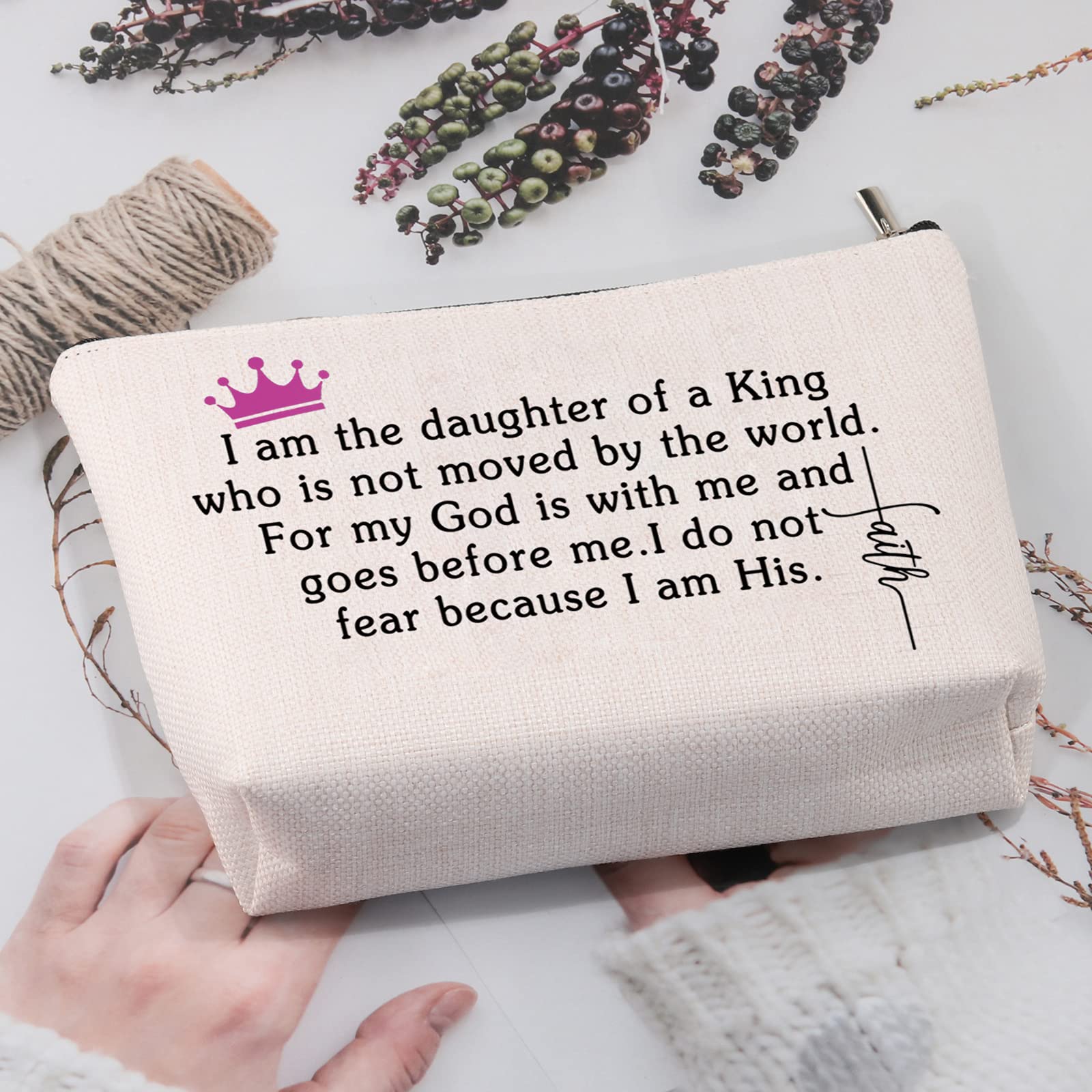 MEIKIUP Christian Travel Cosmetic Bag - Baptism Gift for Women, Religious Inspirational Makeup Pouch 'I Am The Daughter of A King' - Perfect for Church, Bible Study & Travel Accessories (Daughter of King Bag)