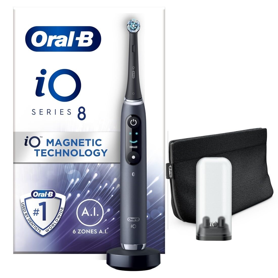 Oral-B iO8 Electric Toothbrush for Adults with Smart App Connectivity - 6 Cleaning Modes, Teeth Whitening, Includes 1 Ultimate Clean Brush Head & Magnetic Travel Pouch (2 Pin UK Plug) - Perfect for Home Use, Travel, and Professional Dental Care