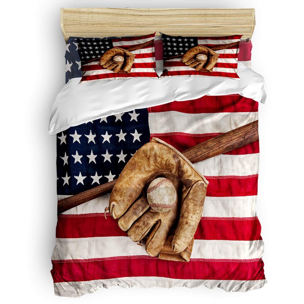 **4-Piece Baseball Glove American Flag Bedding Set - Soft Full Size Bed Sheets, Duvet Cover, Pillowcases for Kids, Teens & Adults - Perfect for Boys' Rooms, Dorm Decor & Patriotic Themed Bedrooms**