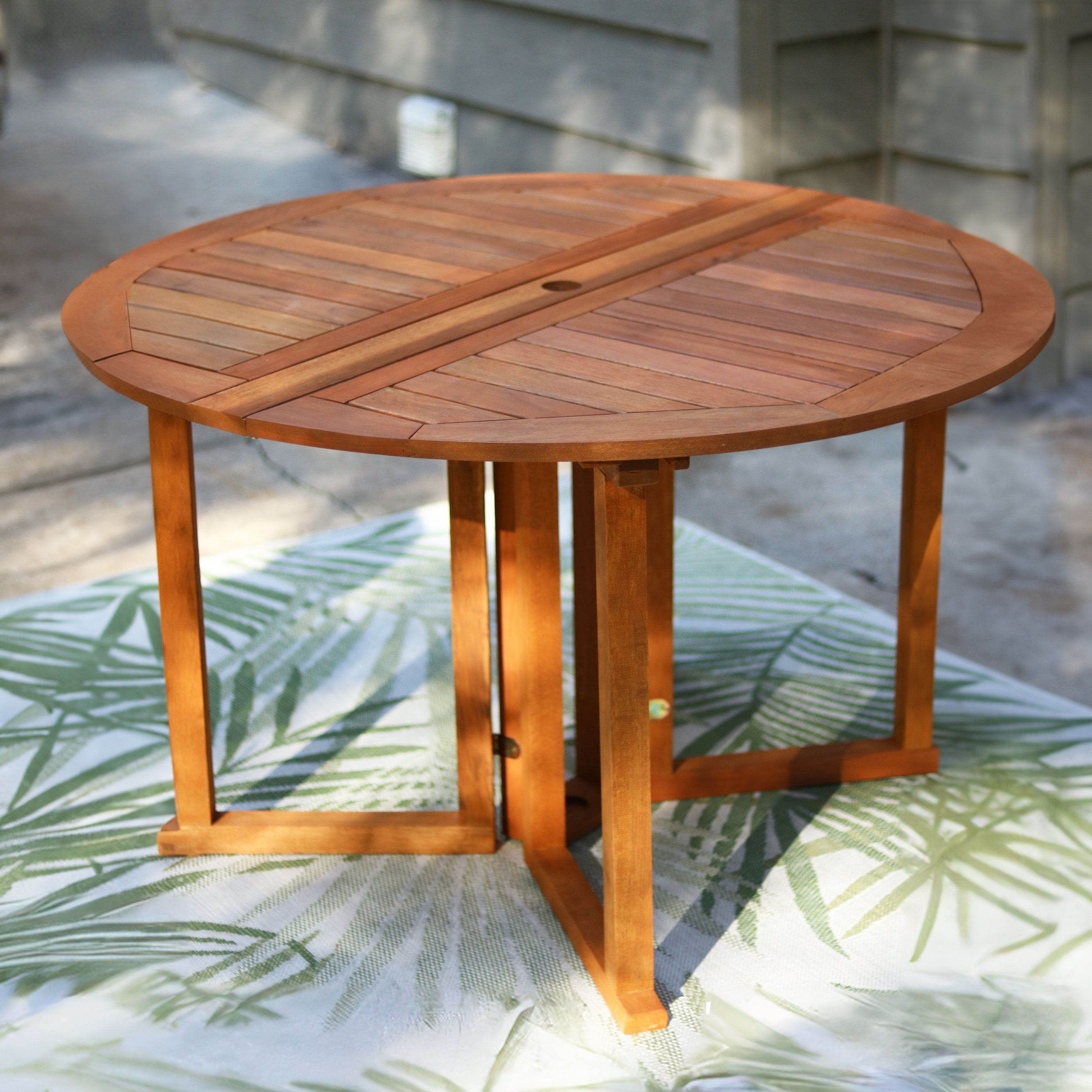 Sunnydaze Malaysian Hardwood Folding Gateleg Round Patio Dining Table - Outdoor Garden, Balcony, Deck Furniture for Entertaining