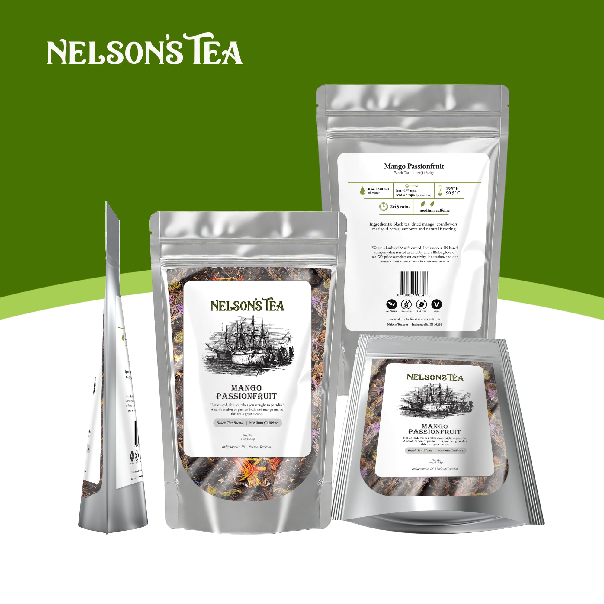 Nelson's Premium Mango Passionfruit Black Loose Leaf Tea - 4oz | Exotic Blend with Dried Mango, Cornflowers & Marigold Petals | Rich Flavor for Iced Tea, Afternoon Relaxation & Gift Giving