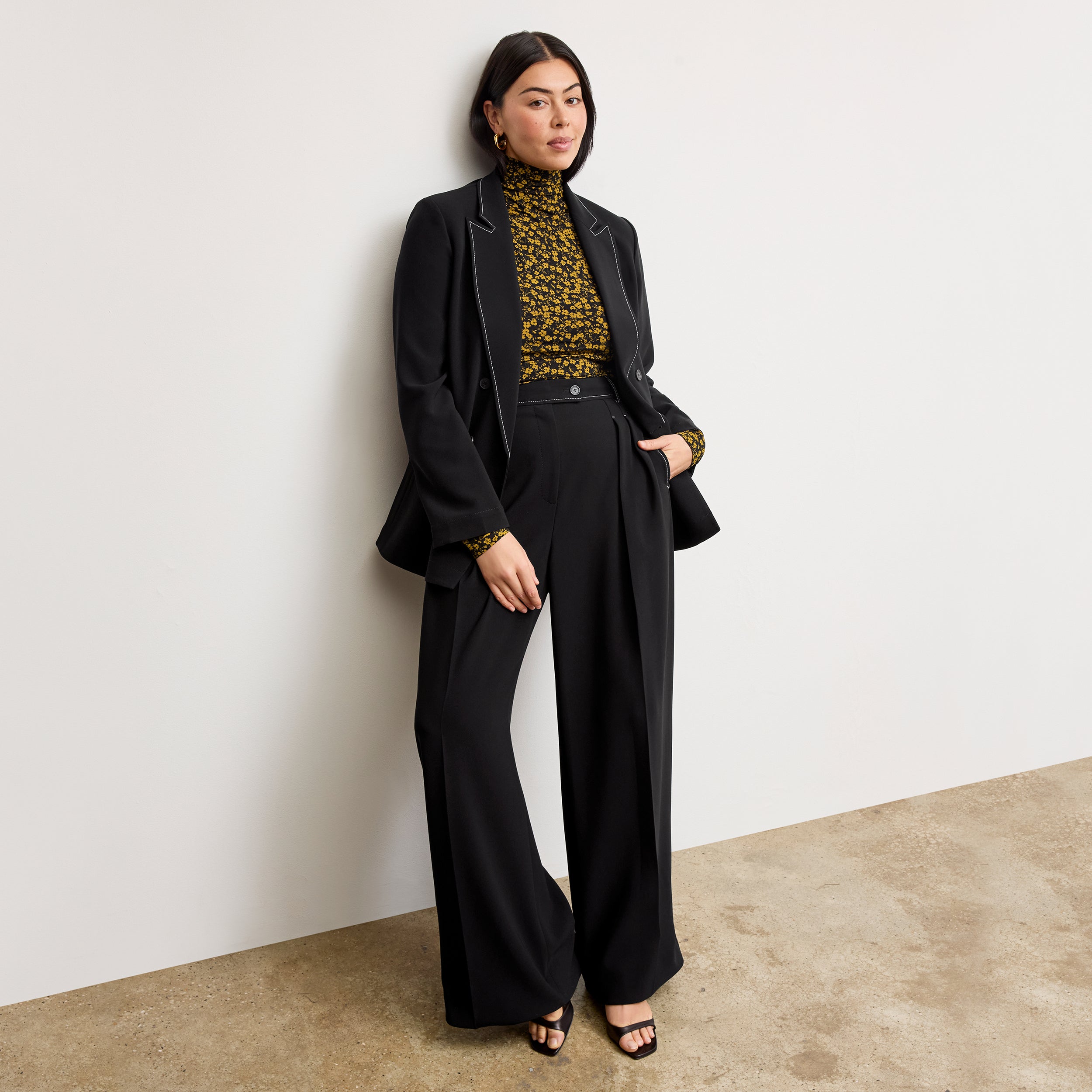 Bia Pleated Trousers for Women - High Waist Everyday Crepe Pants with Topstitch Detail - Comfortable Office Work Pants - Black - Perfect for Business Casual & Professional Wear