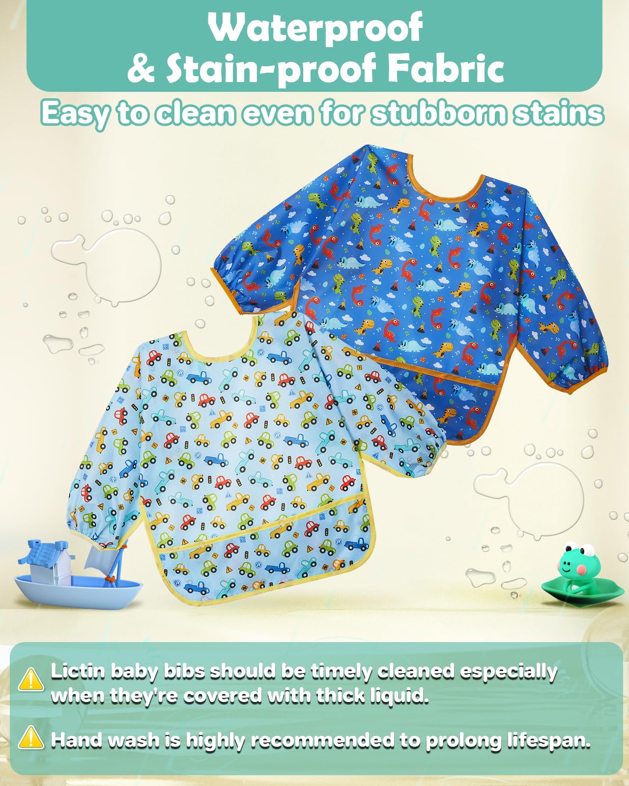 Lictin 3 Pack Baby Bibs for Boys & Girls - Waterproof Long Sleeve Toddler Bibs with Cute Designs - Perfect for Feeding, Mealtime & Messy Play