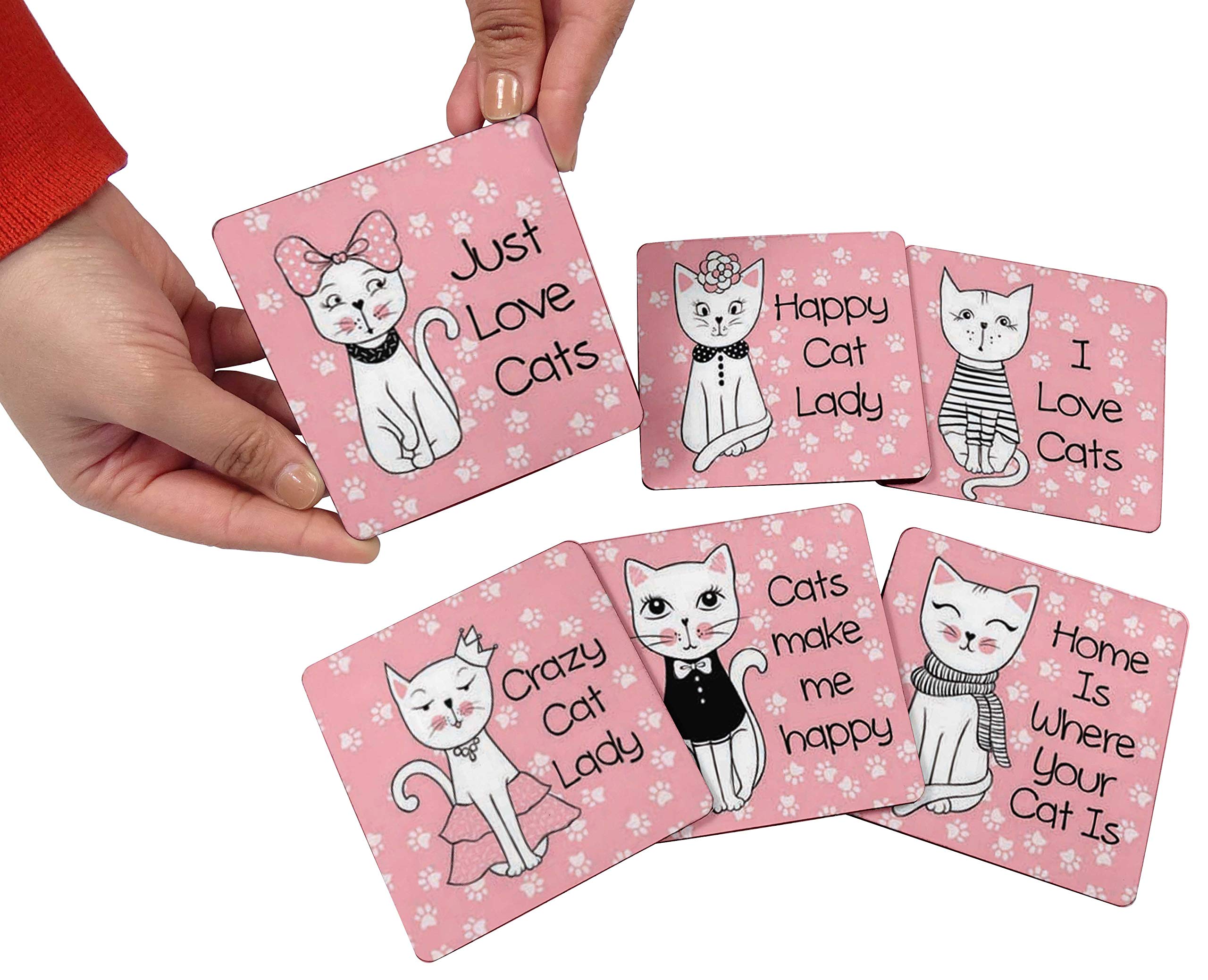 Set of 6 Reusable 4-Inch Square Drink Coasters with Cork Base - Easy Clean Cat Quotes Design - Perfect for Coffee Tables, Home Bars, and Office Use