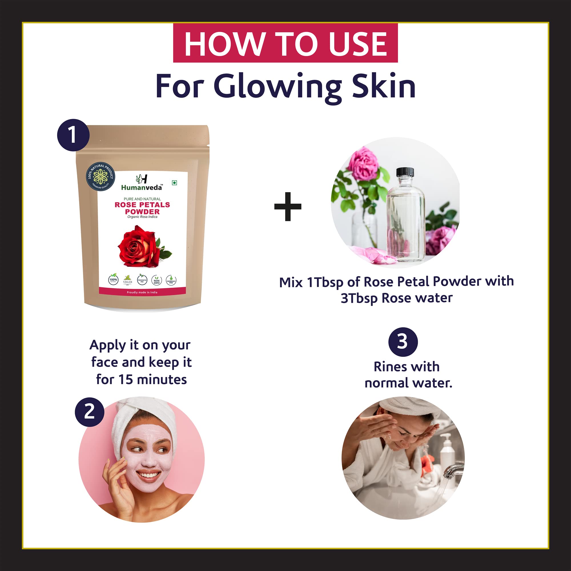 Humanveda 100% Natural Rose Petal Powder - 100g | Organic Face Mask for Skin Brightening, Tan Removal & Glow | Double Filtered Rose Extract | Perfect for DIY Spa, Bridal Care & Daily Skincare Routine
