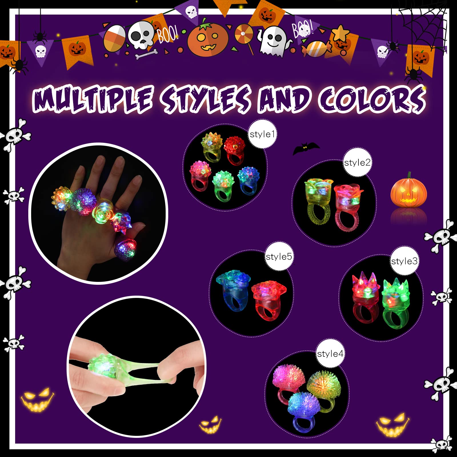 Leyndo 300 Pcs LED Light Up Rings - Glow in The Dark Party Favors, Bumpy Jelly Rubber Finger Lights for Kids Birthday, Christmas, Concerts & Night Events (Colorful Mixed Styles) - Perfect for Rave Parties, Halloween Costumes & Festive Celebrations
