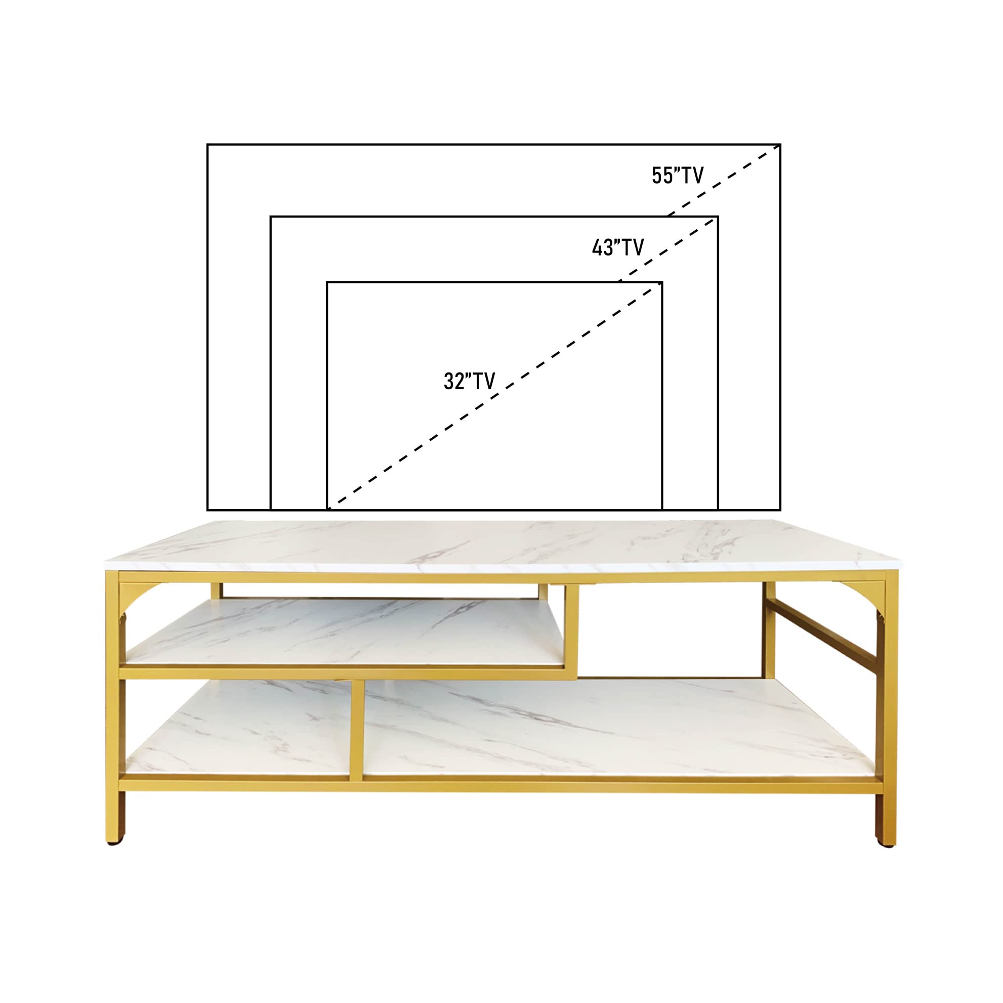 AT-VALY 3-Tier TV Stand with Open Shelves - Gold Metal Frame & White Faux Marble Top Media Console Table for Living Room, Bedroom - Perfect for Organizing Entertainment Systems, Books & Decor