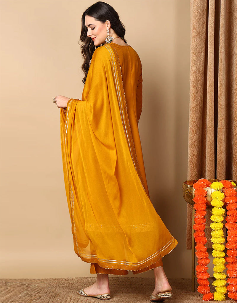 Anarkali Suit with Plazo Pant - Rich Gold Blended Silk Pant Suit for Women | Elegant Indian Ethnic Wear for Weddings, Parties & Festive Occasions