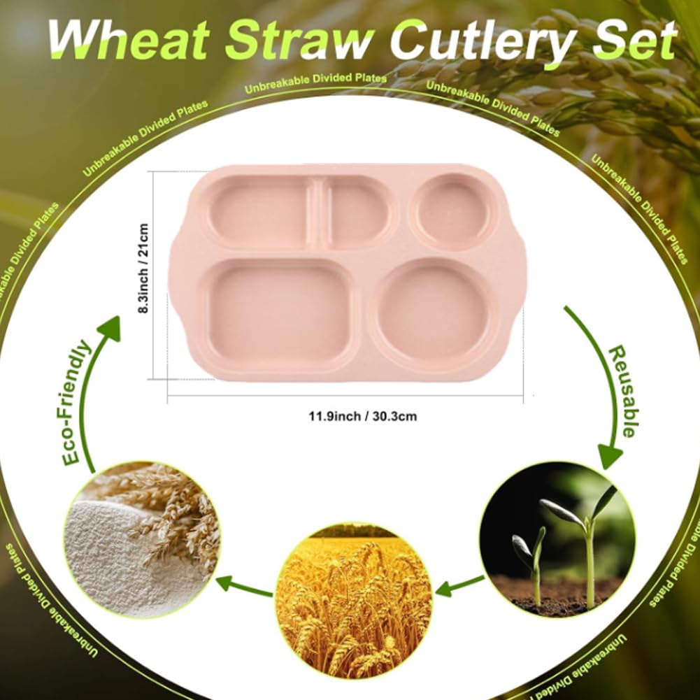 RUIBOLU 12 Inch Wheat Straw Divided Plates - BPA Free Unbreakable Compartment Plates for Kids & Adults, Reusable Portion Control Dinner Plates for Healthy Eating, Perfect for School Lunches, Picnics & Family Meals