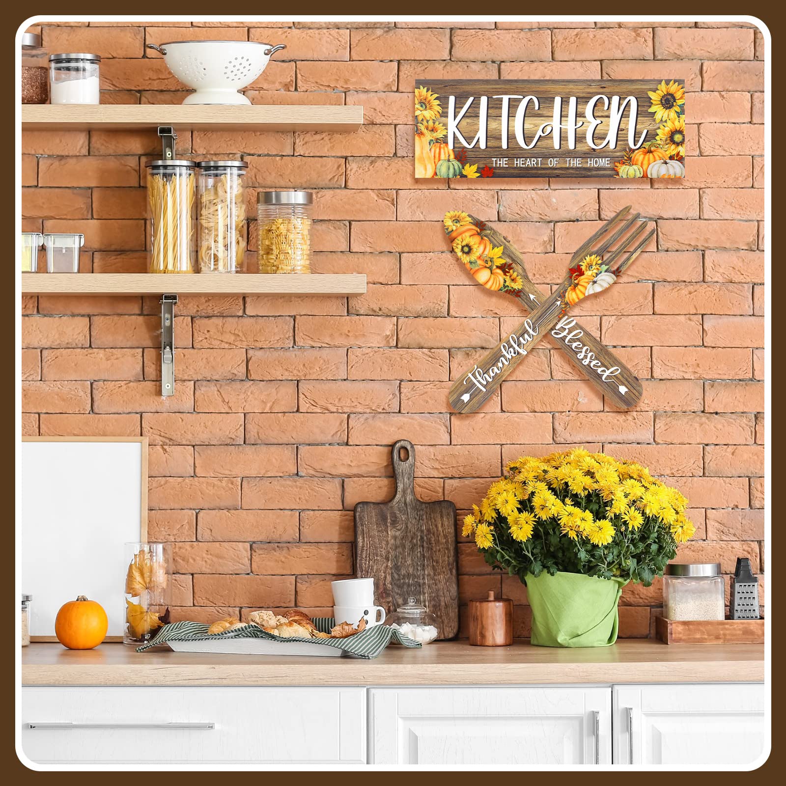 3-Piece Rustic Farmhouse Kitchen Wall Decor Set - Wooden Thankful Grateful Blessed Signs with Maple Pumpkin & Sunflower Design - Fork and Spoon Hanging Art for Home - Light Brown Farmhouse Decor (Perfect for Thanksgiving, Fall Season & Farmhouse Style Kitchens)