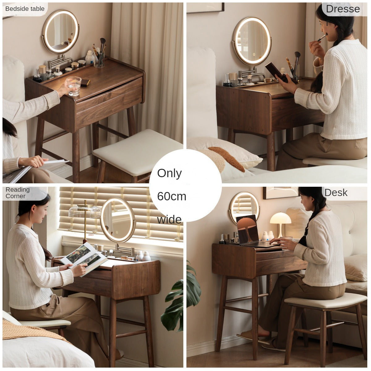 Premium Black Walnut Solid Wood Vanity Dresser with Mirror | Elegant Makeup Dressing Table for Bedroom & Bathroom | Natural Wooden Vanity Desk with Storage