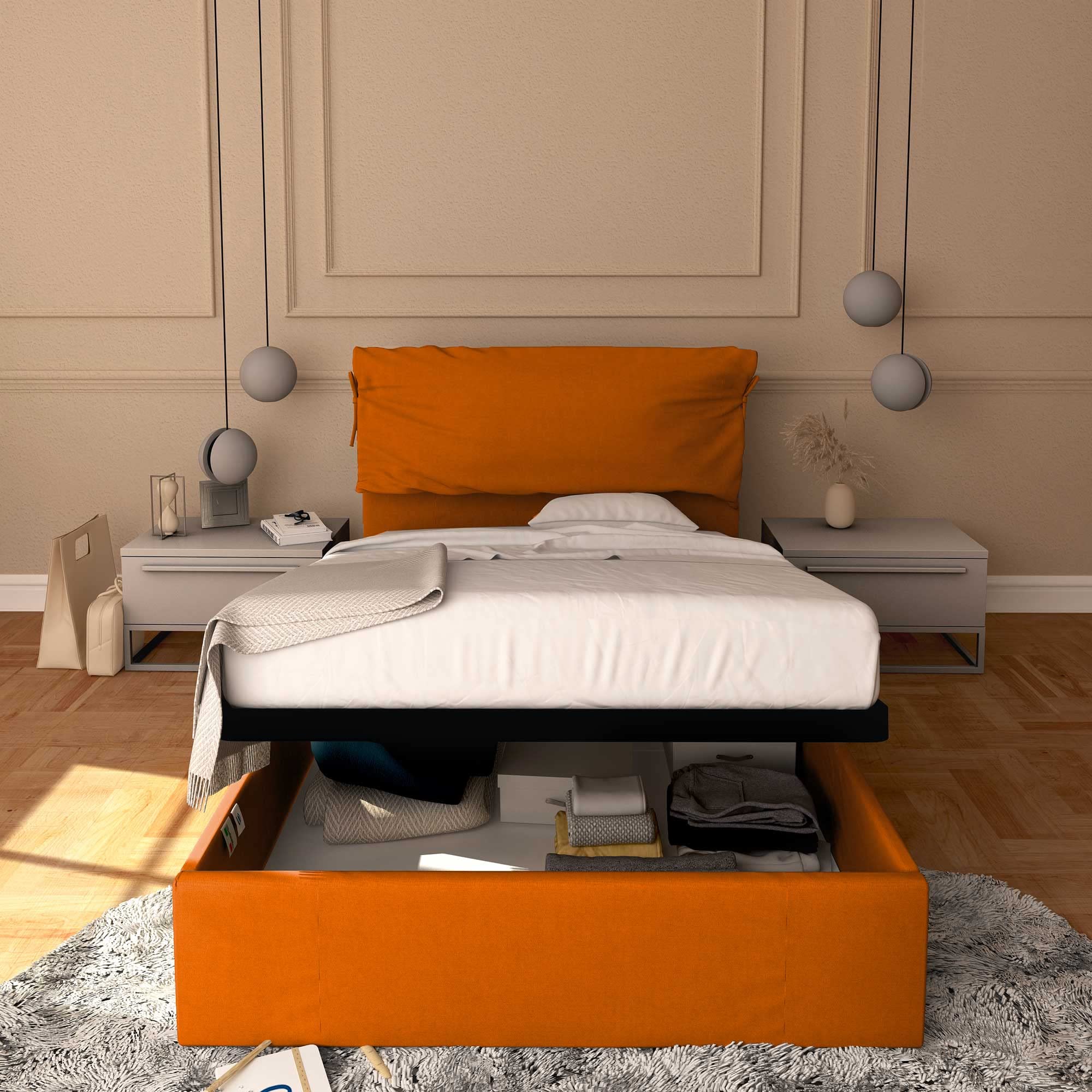Baldiflex Single Bed with Storage - Licia Soft Synthetic Leather, Slatted Base for Single Mattress, 120 x 190 cm, Padded Headboard, Orange - Perfect for Small Bedrooms, Guest Rooms & Studio Apartments