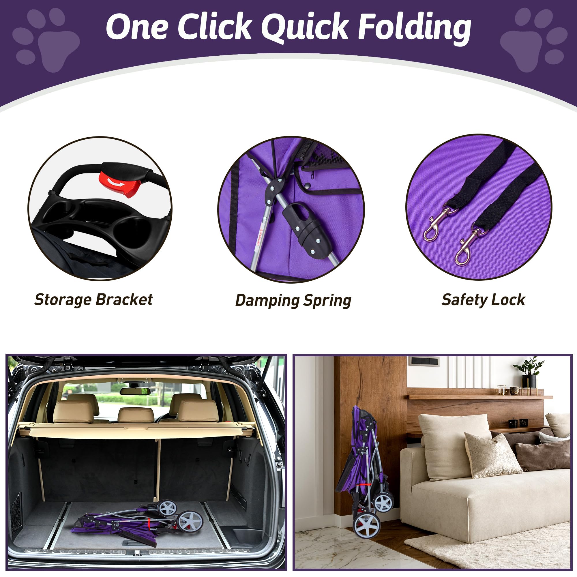 Premium 4-Wheel Pet Stroller for Small & Medium Dogs & Cats - Foldable Lightweight Design with Cup Holder, Storage Basket & Breathable Mesh - All-Season Pet Carrier (Purple) - Perfect for Park Walks, Vet Visits & Outdoor Adventures