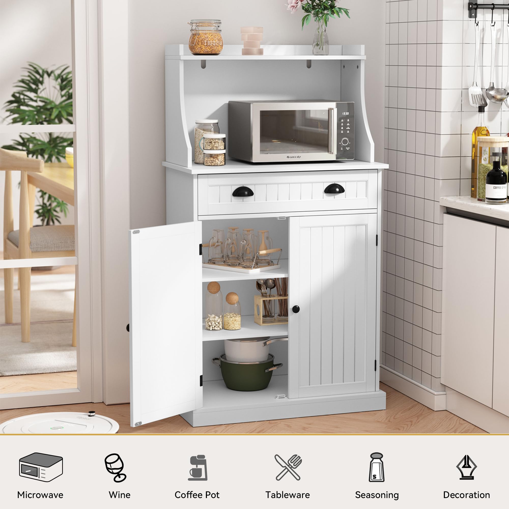 ARTPOWER 54 Inch White Kitchen Microwave Stand with Storage Drawers & Adjustable Shelves - Pantry Cabinet with Hutch for Kitchen, Dining Room, Living Room & Hallway - Perfect for Small Space Organization & Home Decor
