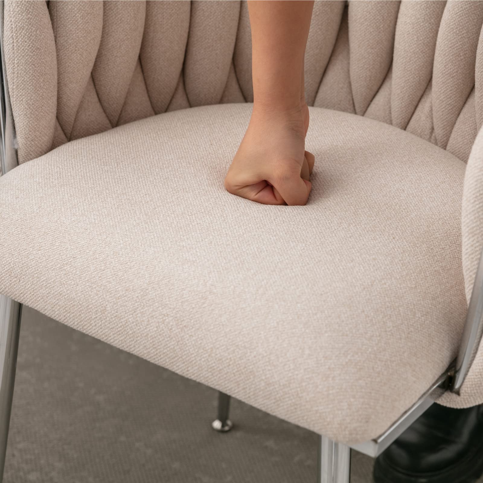 LukeAlon Modern Linen Dining Chairs Set of 2 - Woven Backrest Leisure Chairs with Silver Metal Legs, Upholstered Side Chairs for Living Room, Kitchen, Dining Room & Vanity - Beige Home Decor Accent Chairs for Comfortable Seating & Stylish Interior Design