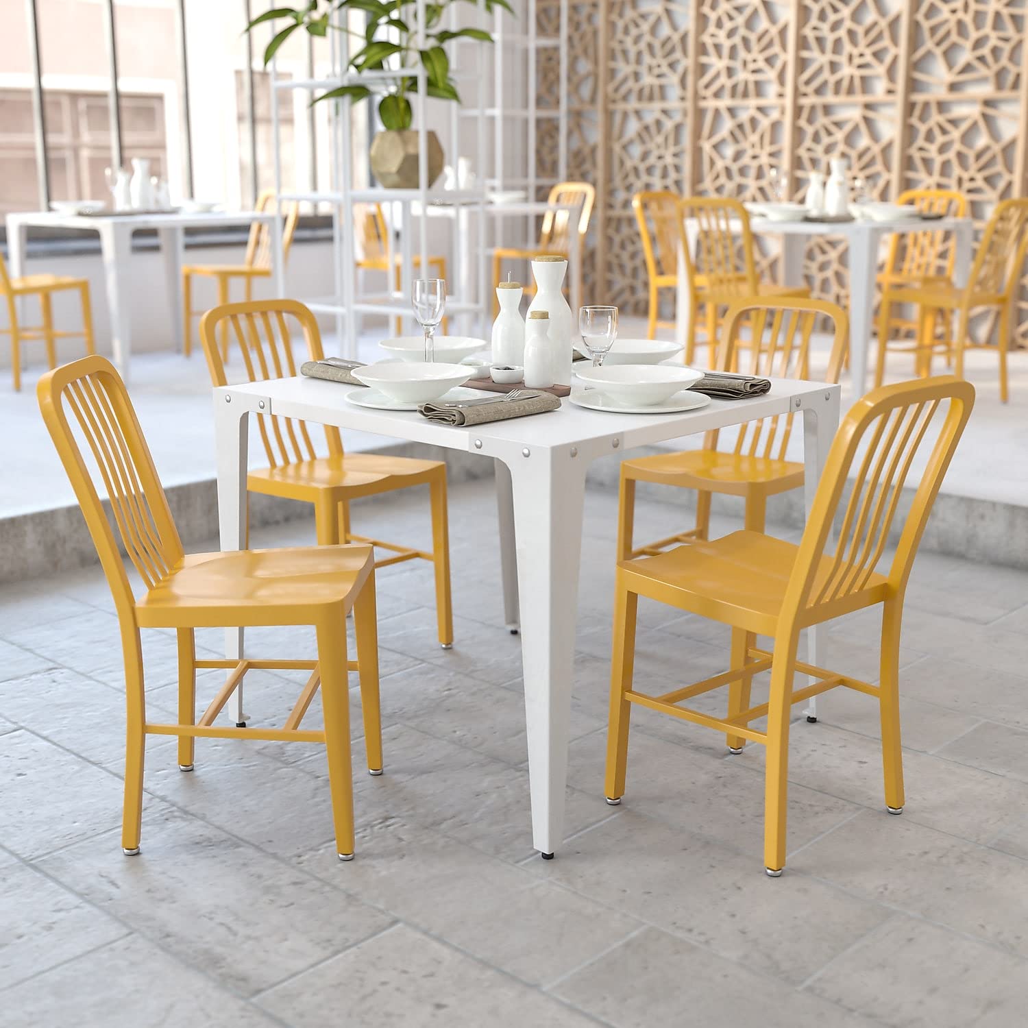 Flash Furniture Gael Commercial Grade 2-Pack Yellow Metal Stackable Chairs for Indoor & Outdoor Use - Perfect for Patio, Restaurant, Cafe, and Event Seating