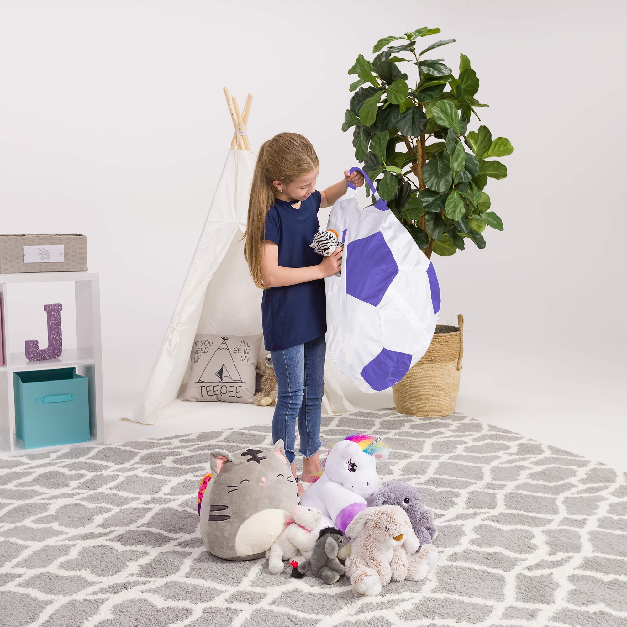 Posh Creations Kids Stuffed Animal Storage Bean Bag Chair Cover - Children's Toy Organizer, Medium 27 Inch, Soccer Ball Design in Purple and White - Perfect for Playroom, Bedroom, and Nursery Organization