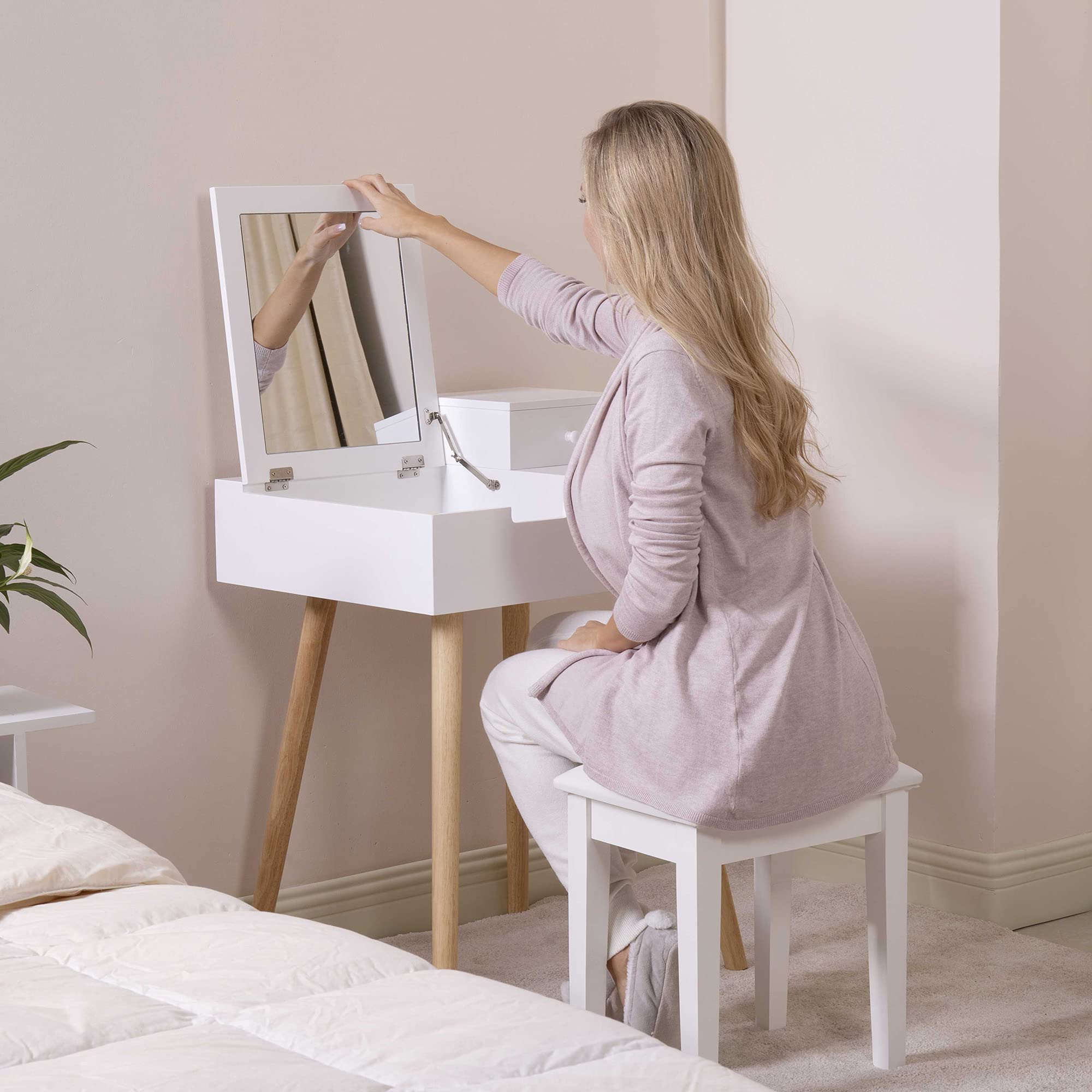 Modern White Makeup Vanity Table with Flip Top Mirror & 2 Drawers - HomVent Dressing Desk for Girls Bedroom (23.6