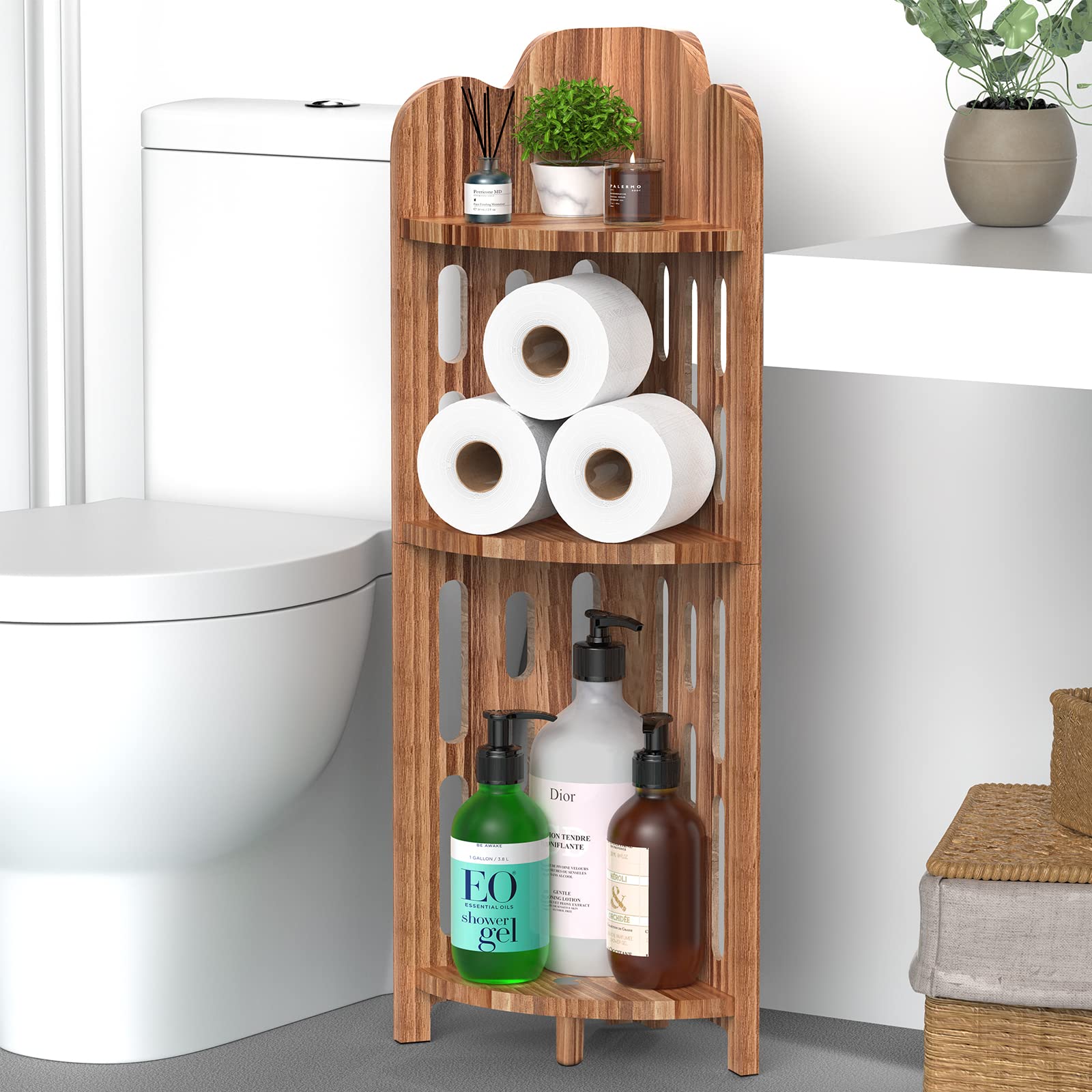 3-Tier Pine Wood Bathroom Corner Shelf - Space-Saving Shower Organizer, Plant Stand & Nightstand for Living Room, Bedroom & Home Office - Elegant Narrow Space Solution for Bath Essentials, Decor & Storage