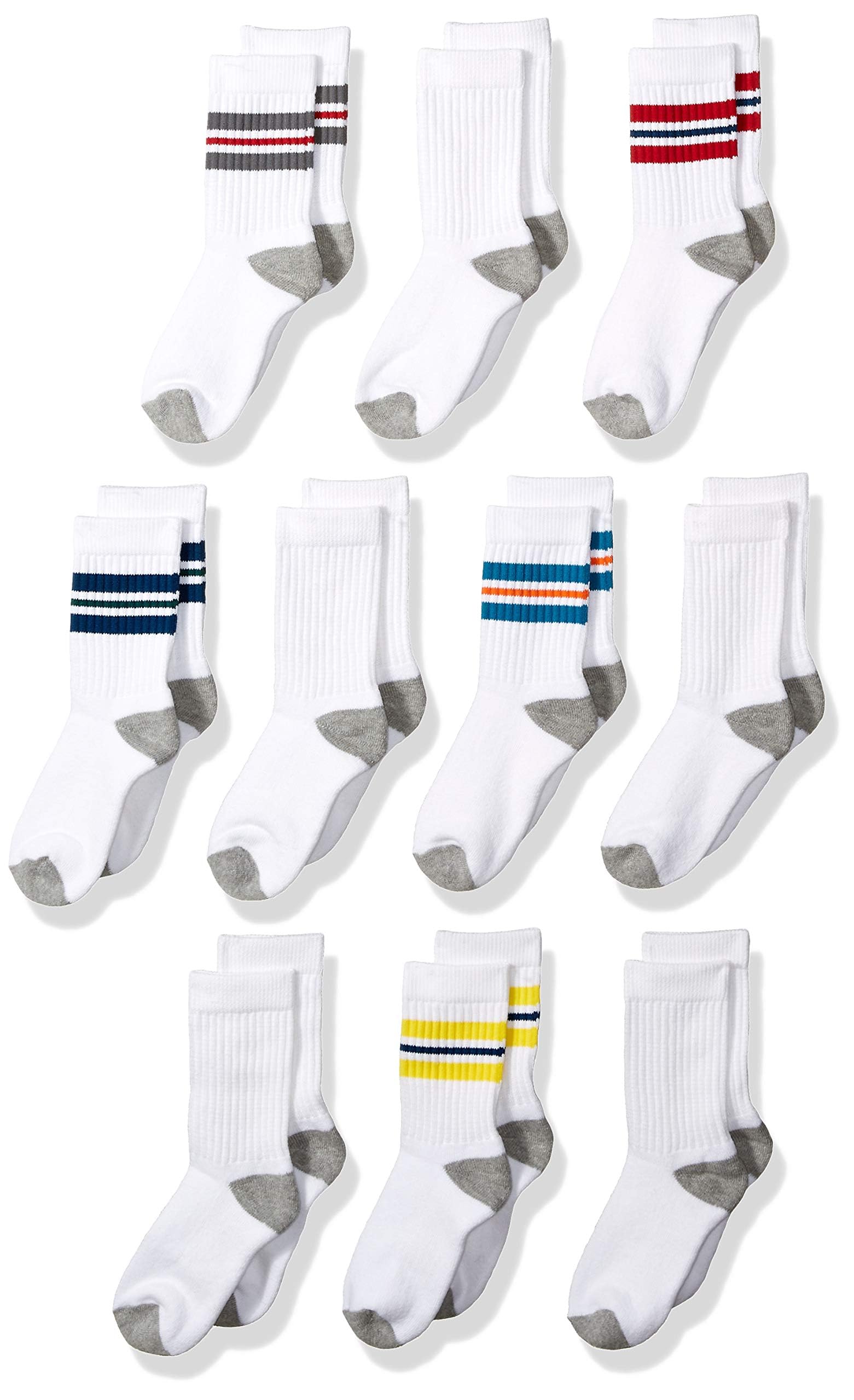 Amazon Essentials Boys' Cotton Crew Sports Socks - 10 Pairs Pack, Breathable & Cushioned for Running, Basketball, Soccer & Daily Wear (Sizes 4-8)