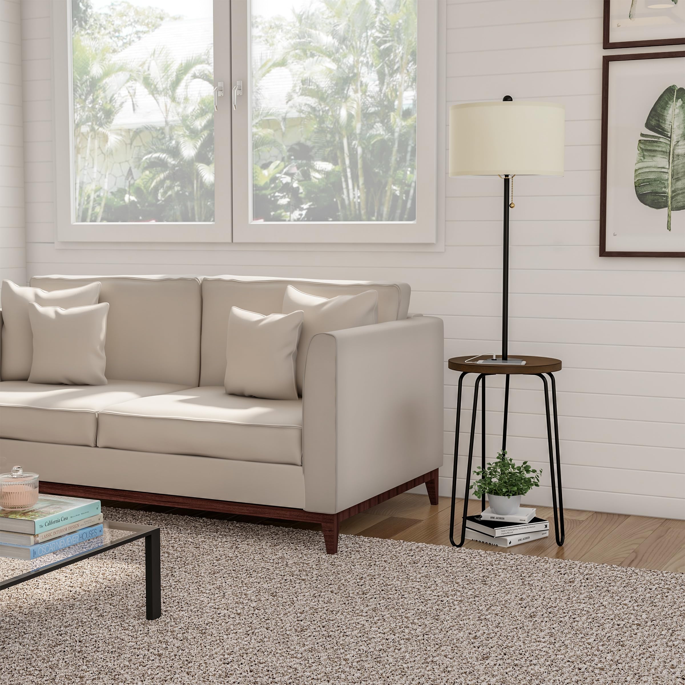 Mid-Century Modern Floor Lamp with Side Table - USB Charging Port & Hairpin Legs - Standing Light with Shelves by Lavish Home - Perfect for Living Room, Bedroom or Office Lighting