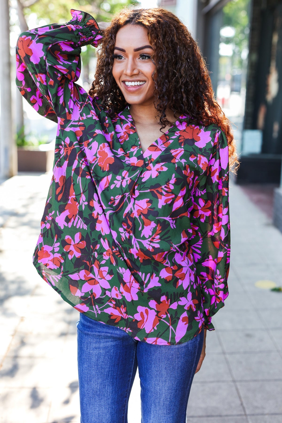 Eyes On You Forest Green Floral Smocked Bubble Sleeve V-Neck Blouse - Elegant Spring Summer Floral Top for Women, Perfect for Date Night, Garden Party & Casual Outings
