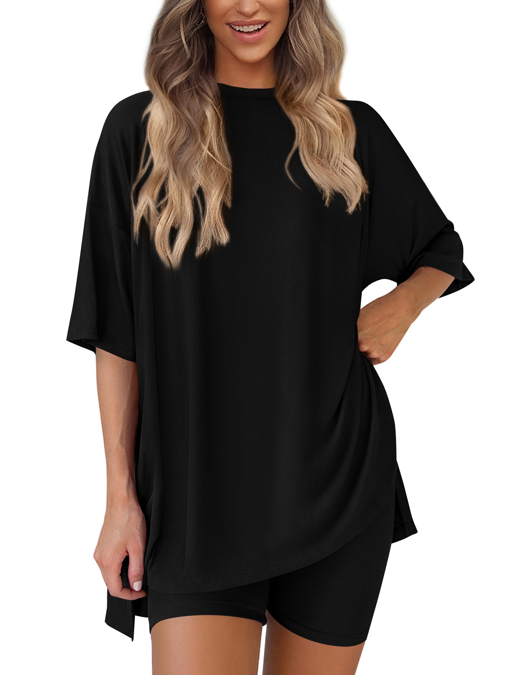 PRETTYGARDEN Women's 2-Piece Lounge Set - Oversized Shirt & Biker Shorts Comfy Matching Outfit for Summer 2025 | Casual Wear, Travel & Airport Outfit