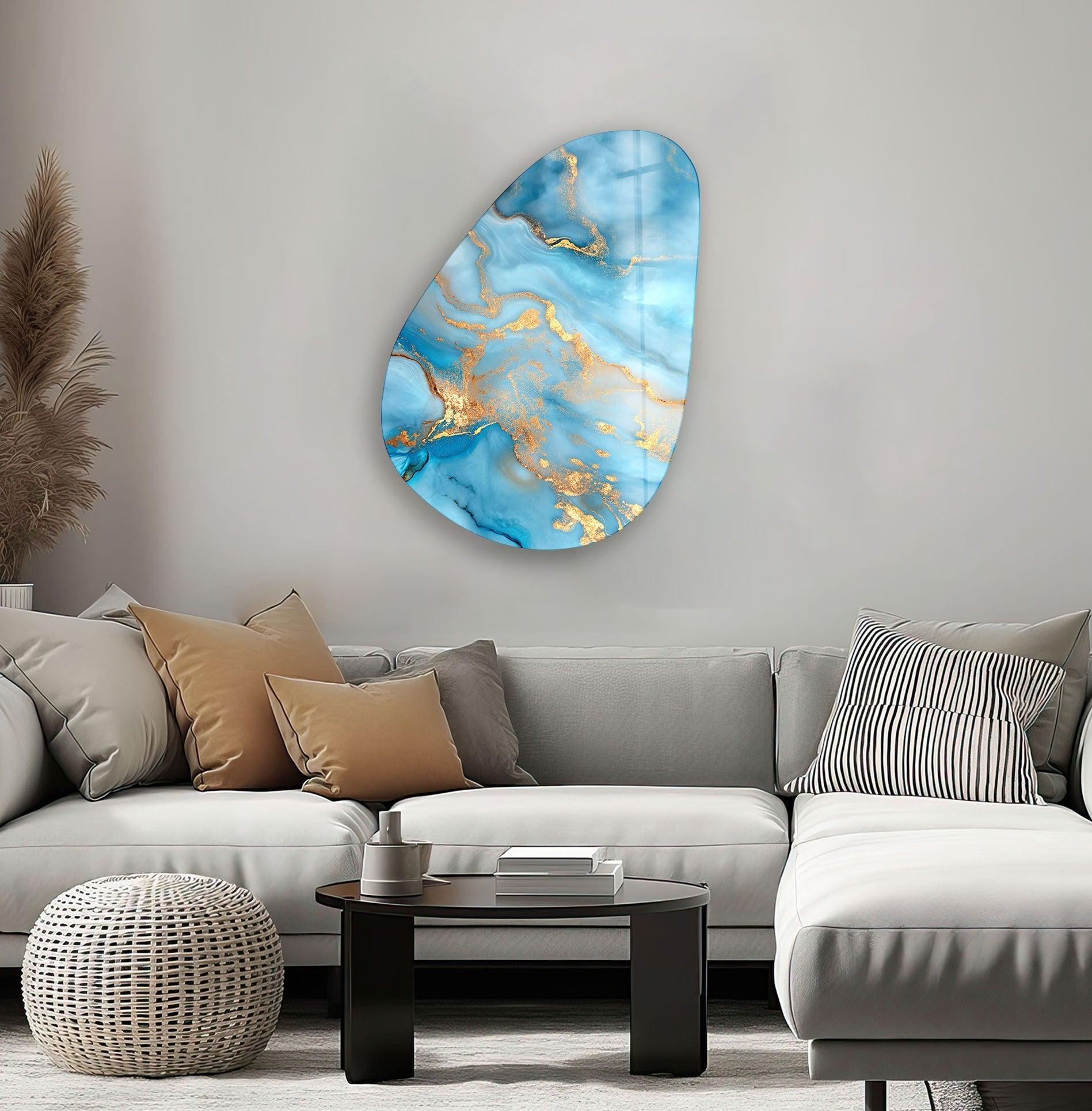 Abstract Golden Glass Wall Art - Handmade Asymmetrical Oval Design for Modern Living Room & Bedroom Decor