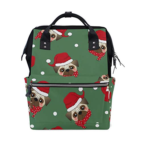 Pug Santa Claus Dog Backpack with Red Scarf - Large Capacity Canvas Travel Bag for Women, Multi-Functional Pet Accessory | Perfect for Dog Lovers, Christmas Gifts, Travel & Daily Use