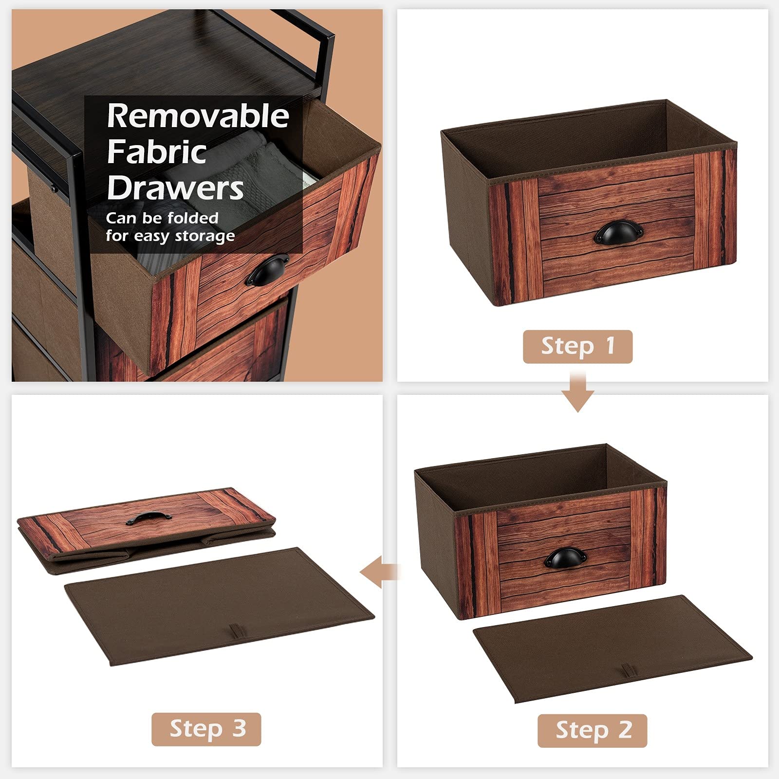 Safeplus 3-Drawer Fabric Dresser Storage Organizer - Sturdy Metal Frame with Wood Top & Easy-Pull Fabric Bins for Clothes, Toys, Bedroom & Nursery Organization | Space-Saving Closet Shelves for Home, Office & Dorm Room