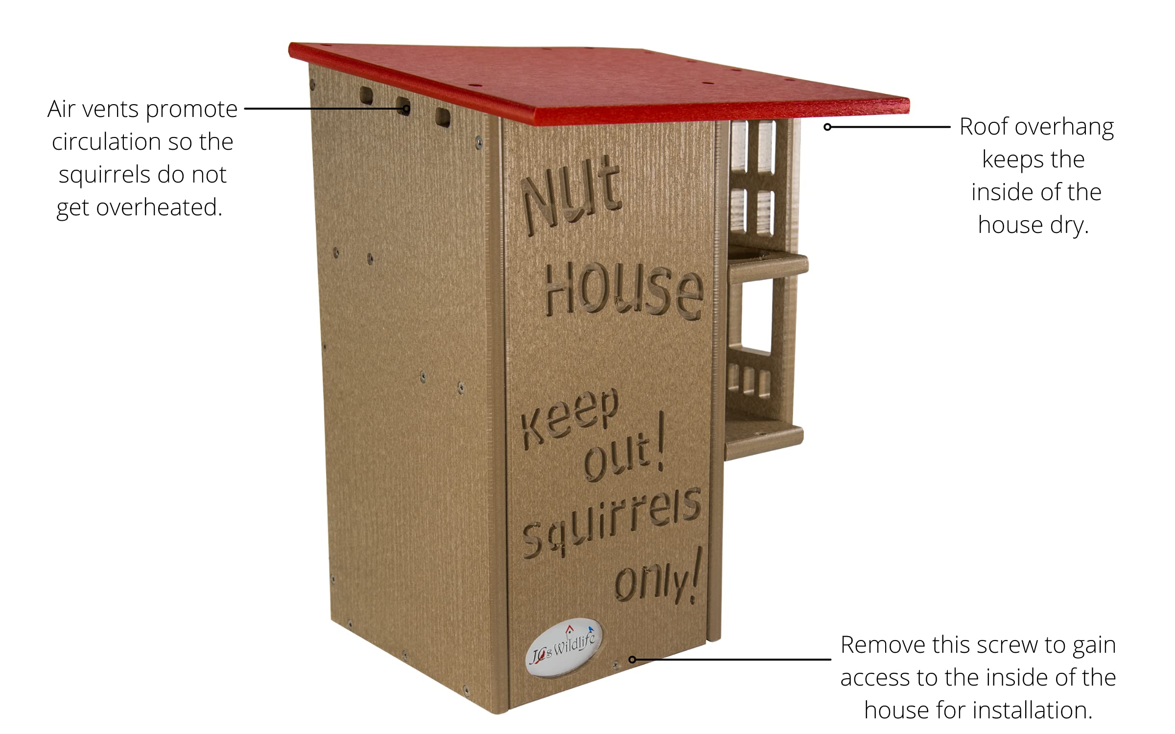 Premium Squirrel House Nesting Box - Cardinal Red & Tan Squirrel Shelter - Durable Outdoor Wildlife Habitat for Backyard, Garden & Parks - Made in USA
