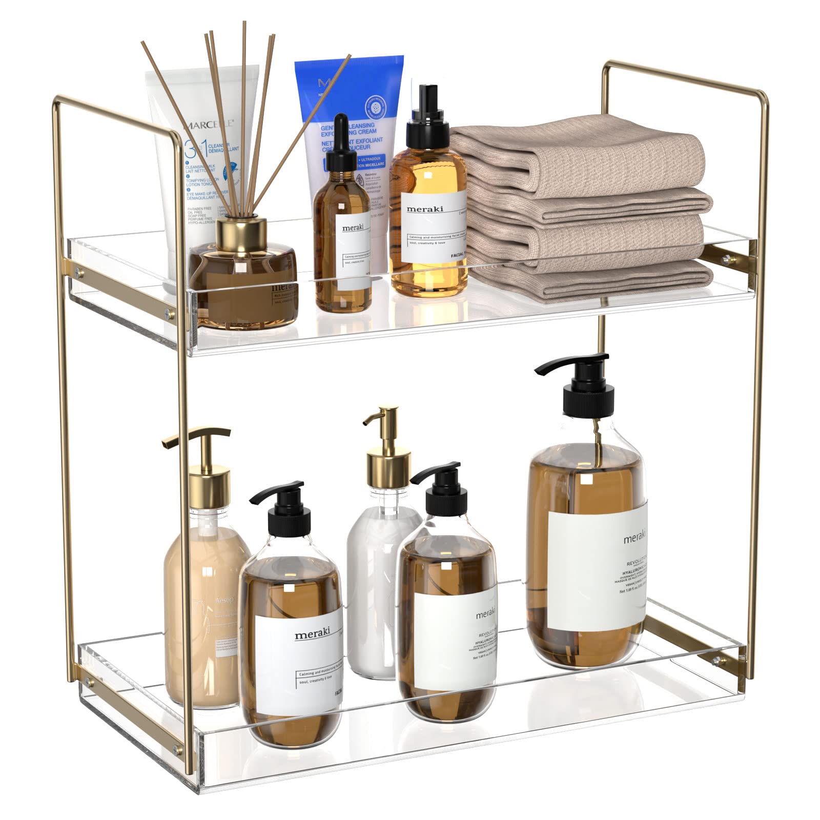 2-Tier Acrylic Bathroom Countertop Organizer - Vanity Skincare & Makeup Tray with Gold Finish | Under Sink Kitchen Storage Shelf for Cosmetics, Perfume, Spices | Perfect for Bathroom Vanity, Bedroom Dresser & Kitchen Counter Organization