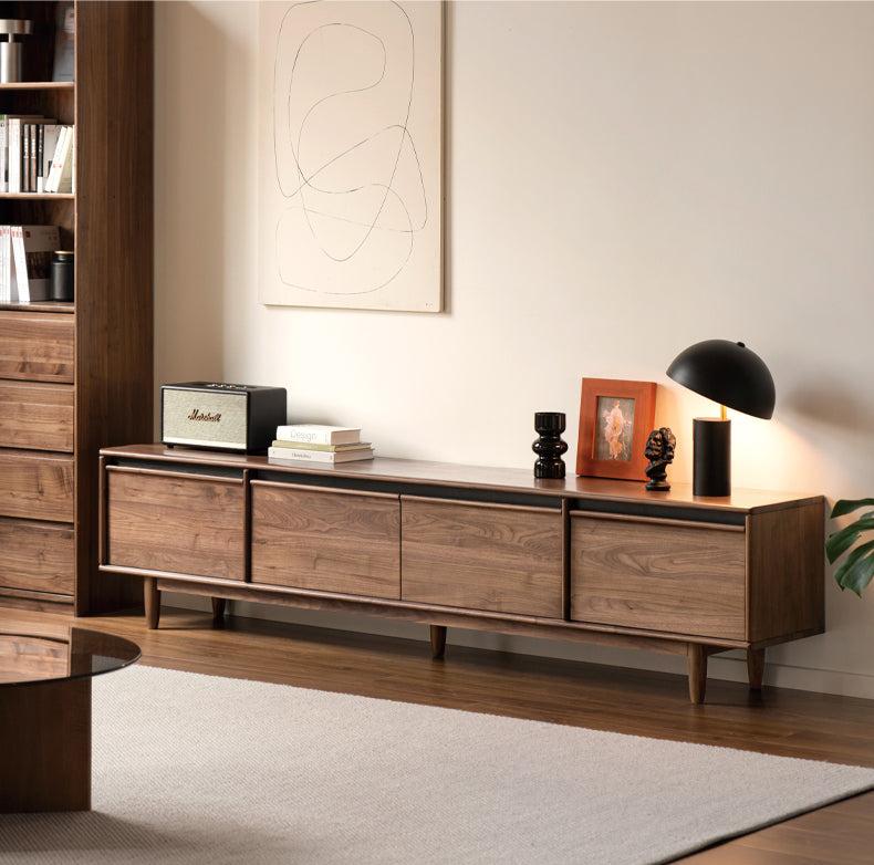 Premium Black Walnut & Ash Solid Wood TV Stand with Skeleton Line Design - Modern Entertainment Center for Living Room, Bedroom, and Home Theater Setup