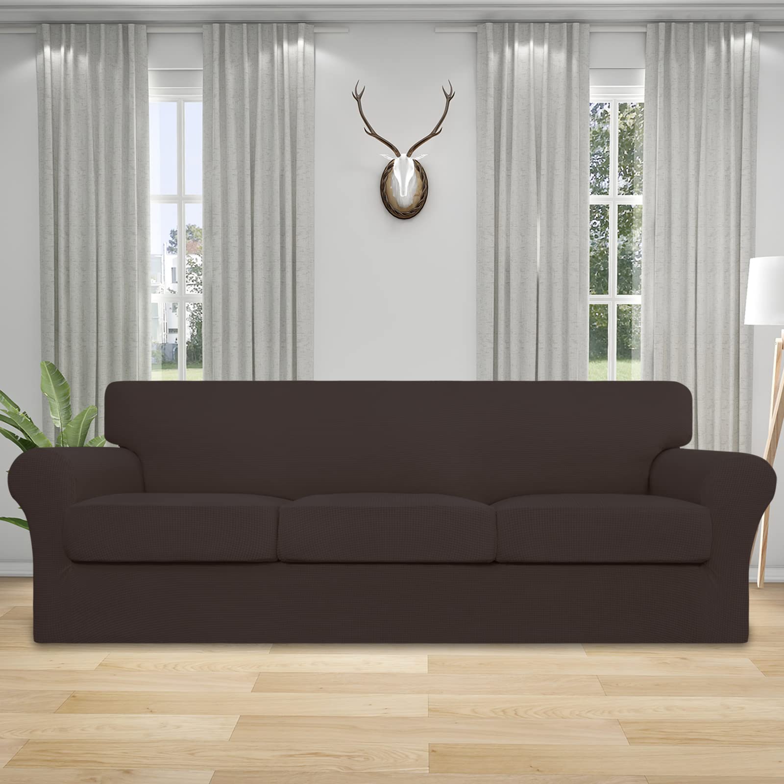 Stretch Couch Cover for Dogs & Pets - 4 Piece Washable Sofa Slipcover with Elastic Spandex - Fits 3 Cushion Oversized Couches - Chocolate Brown Furniture Protector for Pets & Kids - Perfect for Pet Owners & Family Homes