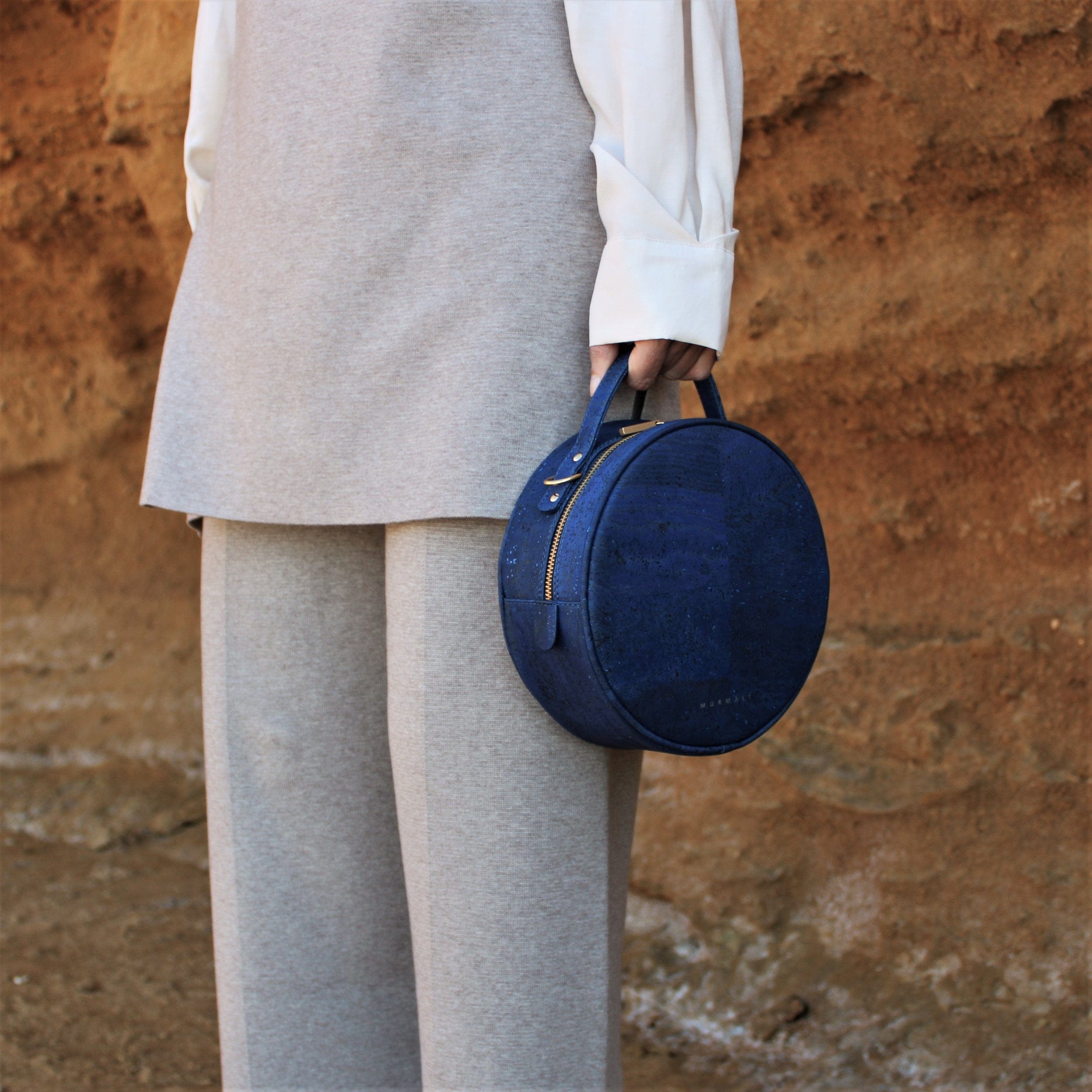Handmade Vegan Cork Round Shoulder Bag for Women - Navy Blue | Eco-Friendly Fashion Accessory for Work, Travel & Everyday Use