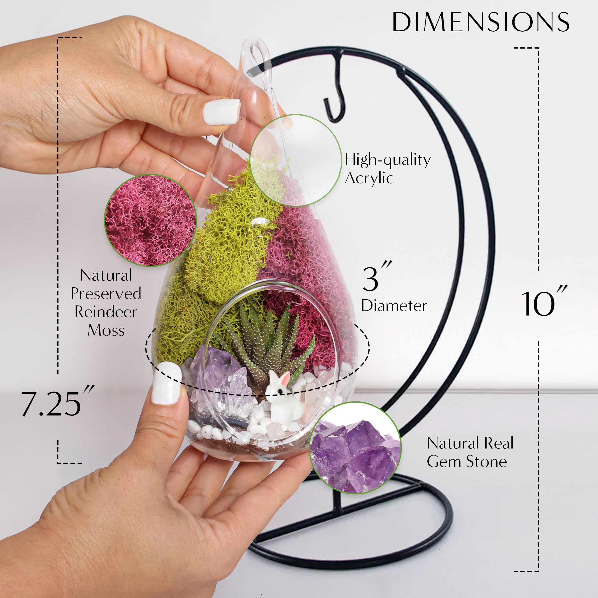DIY Glass Terrarium Kit with Metal Stand - Complete Starter Set for Adults Includes Reindeer Moss, Crystals, Rocks, Tools & Mini Figurines | Perfect for Home Decor, Office Desk, Gift Ideas & Plant Lovers