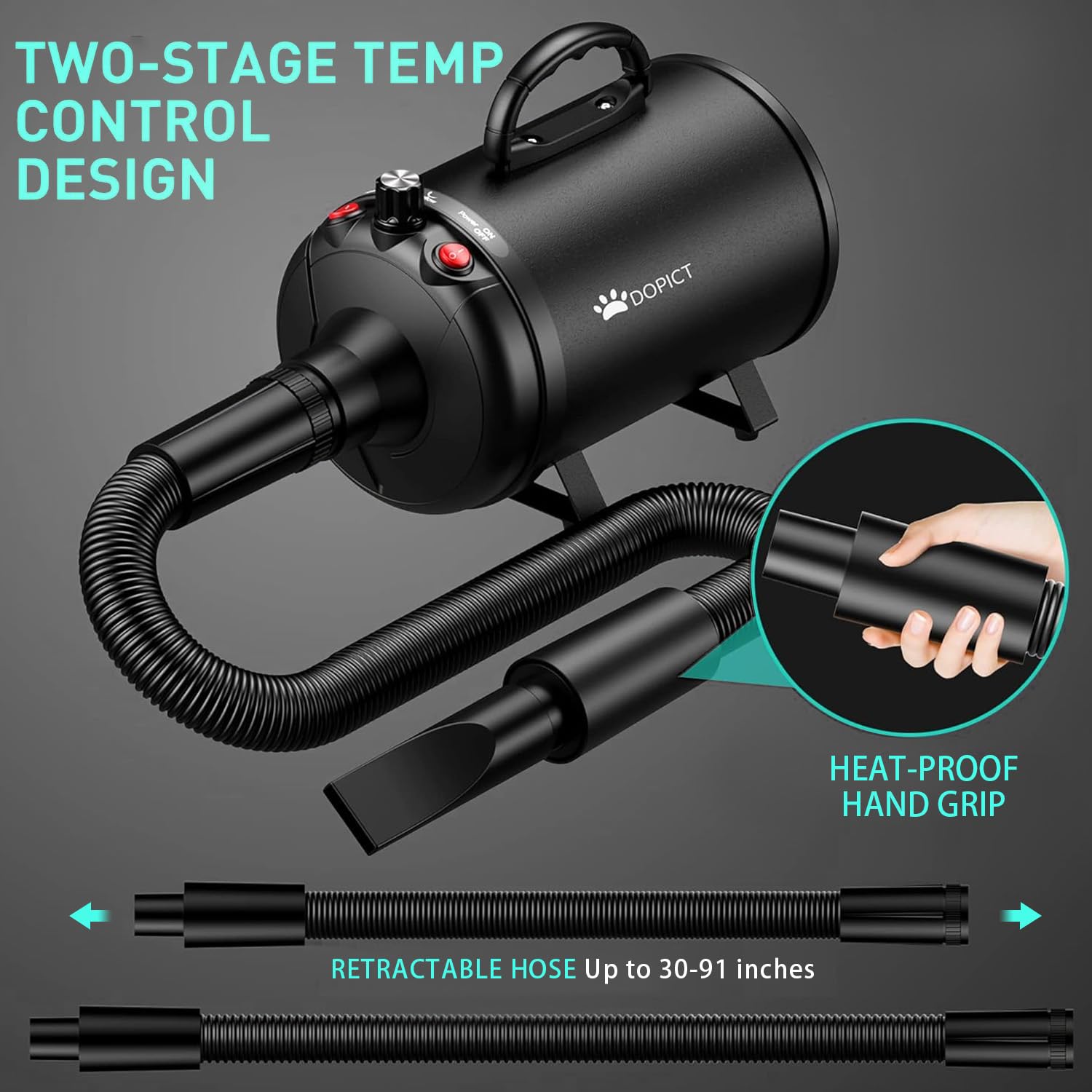 Professional Dog Hair Dryer with Adjustable Speed & Temperature - 4 Nozzle Attachments, Quiet Operation & Heat Protection for Pet Grooming | Perfect for Home Use, Pet Salons & Veterinary Clinics