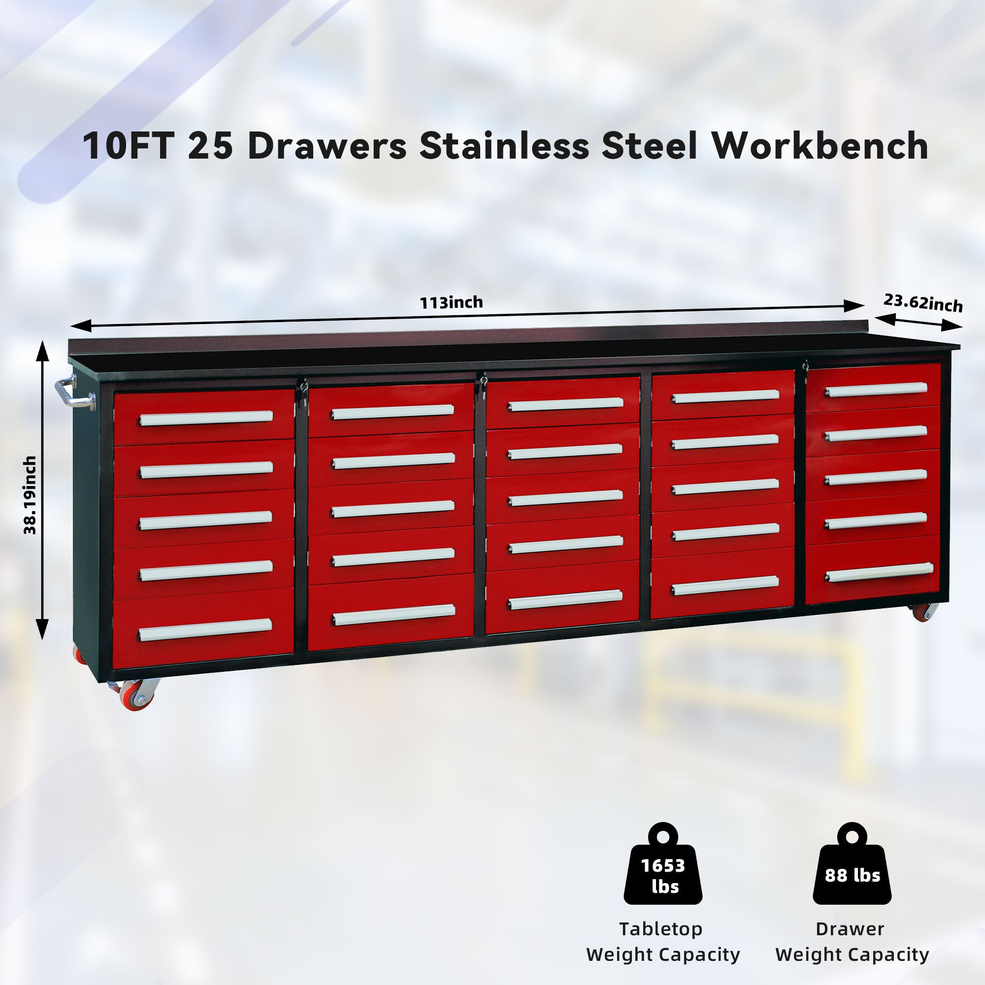 10ft Heavy Duty Workbench with 25 Storage Drawers - Red | Garage Workshop Organizer, Tool Storage Solution for DIY & Professional Use