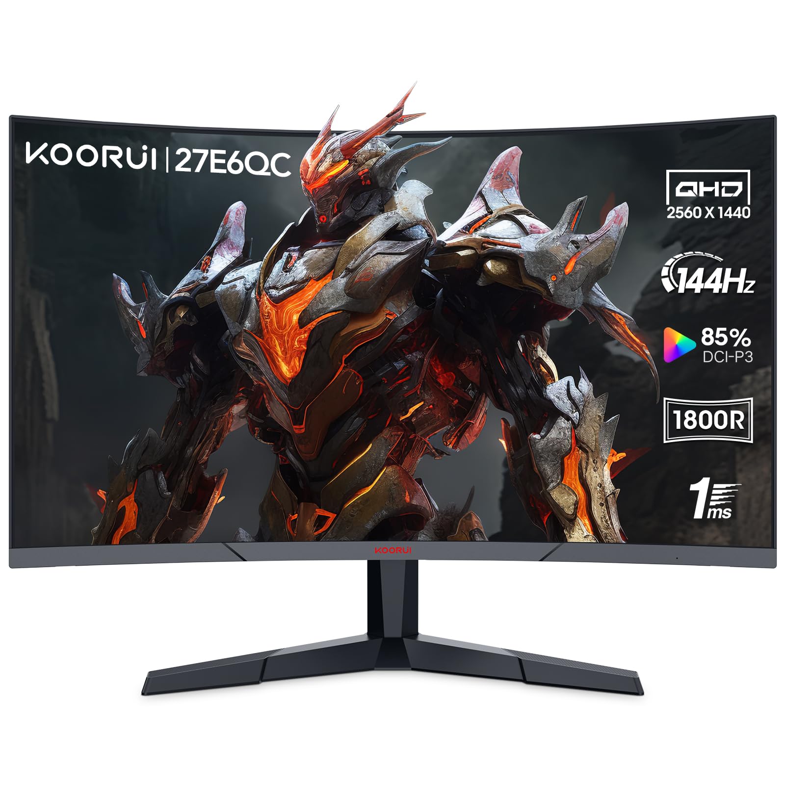 KOORUI 27 Inch Curved Gaming Monitor - QHD 2560x1440, 144Hz Refresh Rate, 1ms Response Time, 1800R VA Panel, Adaptive Sync, DP1.2 & Dual HDMI Ports, Ultra-Thin Bezel, Tilt Adjustable, Eye Care Technology - Perfect for Esports, PC Gaming & Home Office Setup