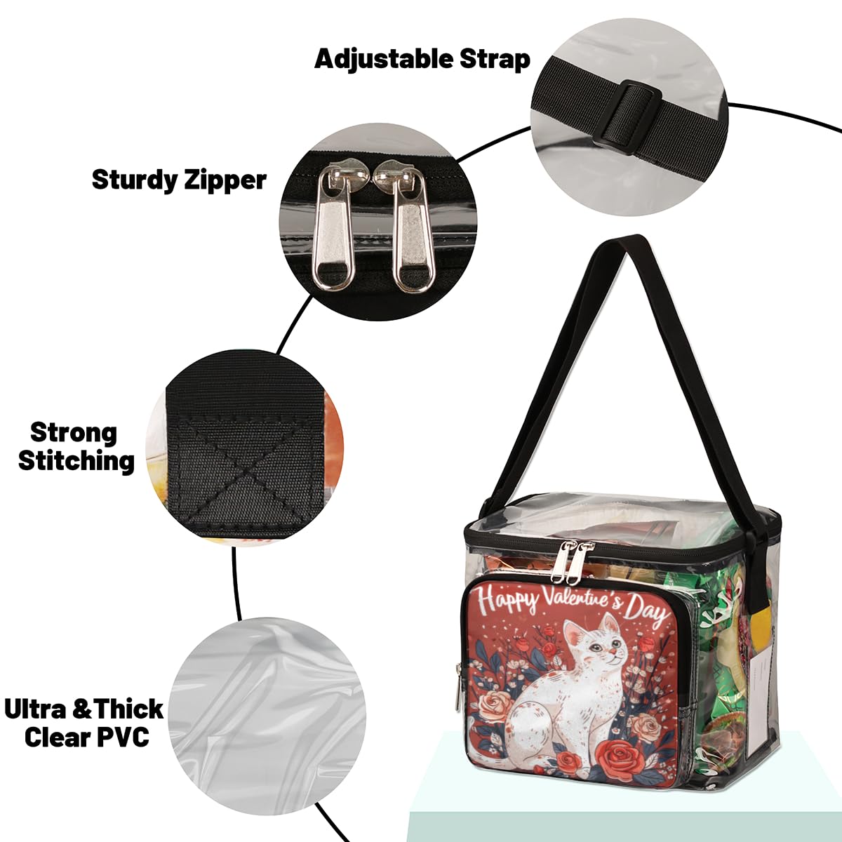 GzLeyigou Clear Transparent Tote Bag with Handles - Cute Cat Design Crossbody Shoulder Bag for Lunch, Outdoor, Travel, Picnic, Concerts & Sports Events | Stadium Approved Multipurpose Purse | Perfect for Valentine's Day Gifts, School, Beach & Shopping